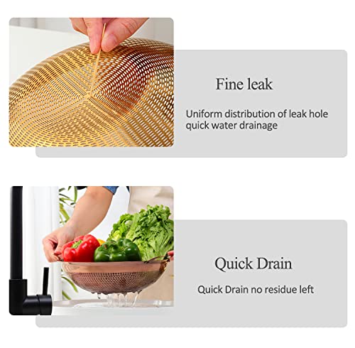 Premium Stainless Steel Colander with Handle & Legs - Pasta Strainer, Berry Basket, Vegetable Drainer for Kitchen, Cooking & Salad Prep - Gold Metal Sieve for Fruits, Noodles & Rice - Ideal for Home Chefs & Meal Prep