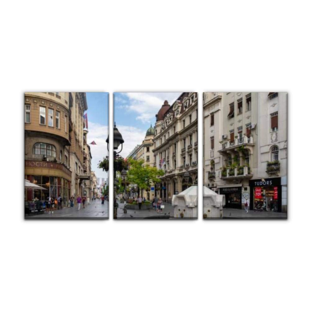 Modern Canvas Wall Art - Printed Oil Painting of Knez Mihailova Street in Belgrade, Serbia - Landscape Home Office Bedroom Decor - Set of 3 Framed Pictures (16x24 Inches) - Perfect for Living Room, Dining Area & Gift Giving