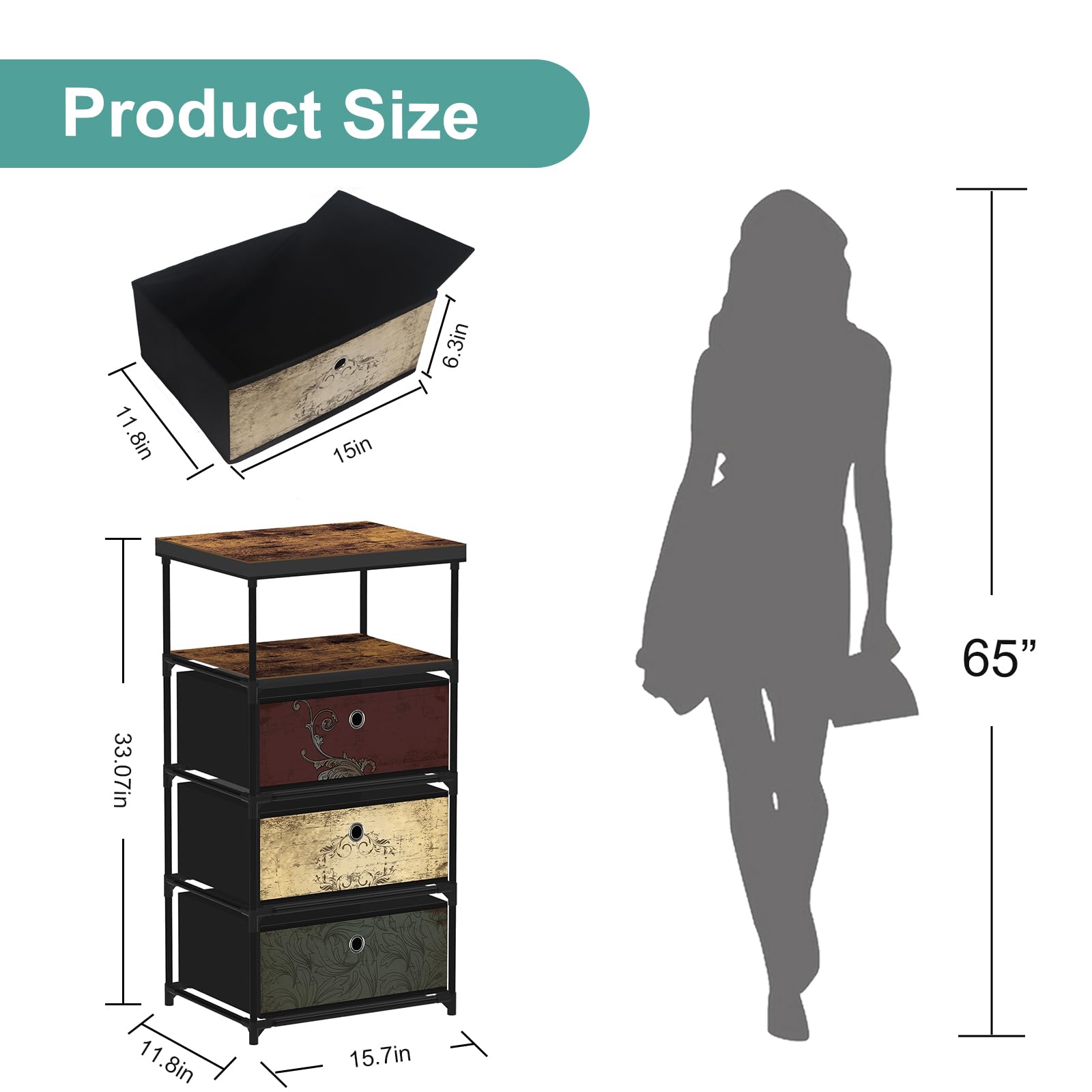 3-Drawer Fabric Storage Dresser with Shelves - Nightstand, Small Dresser for Bedroom, Living Room, Nursery & Dorm | Space-Saving Organizer for Clothes, Books & Essentials