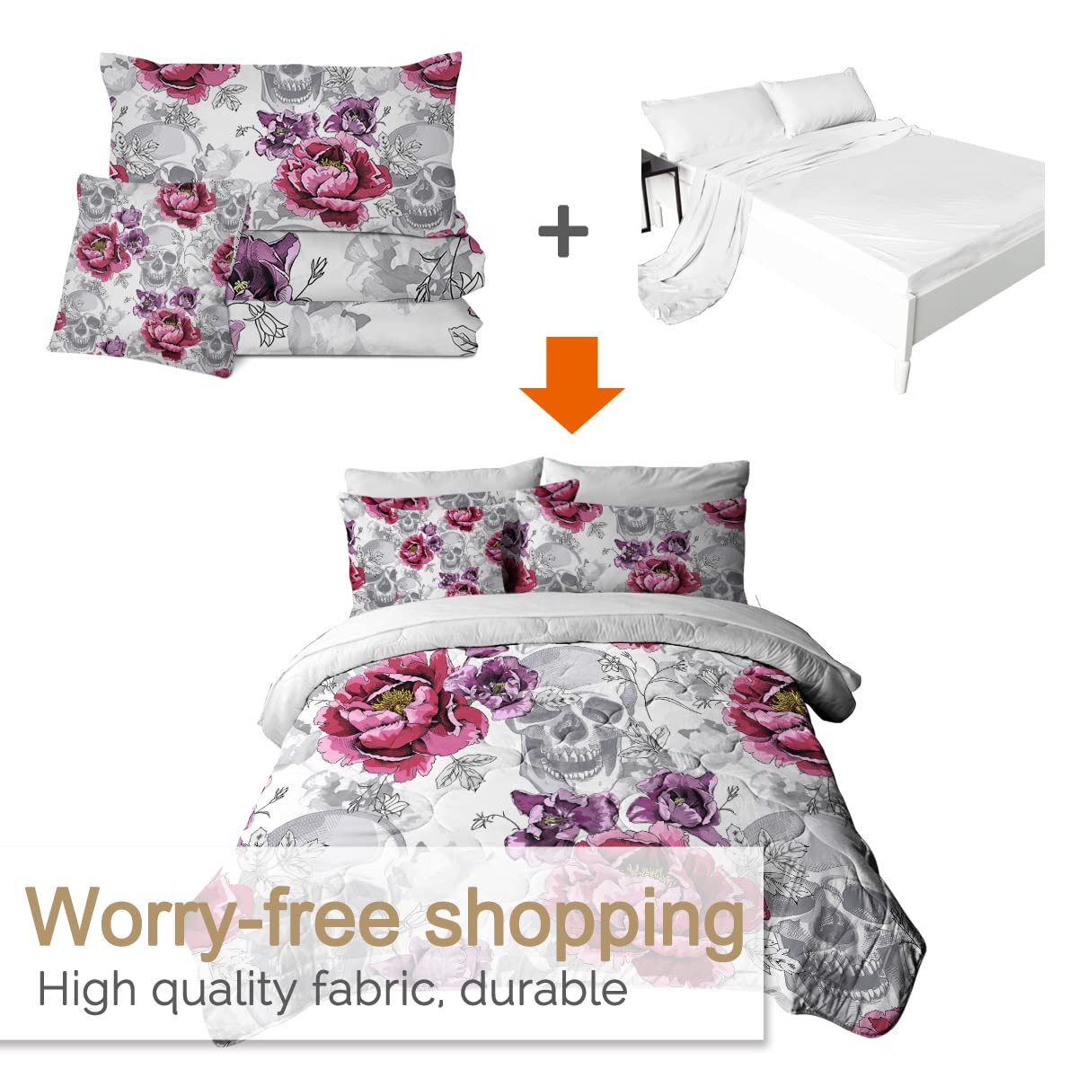 BlessLiving Sugar Skull Comforter Set King 8-Piece - Rose Grey Gothic Bedding with Sheets | All-Season Down Alternative Bedding for Boys' Room, Teen Bedroom & Halloween Decor