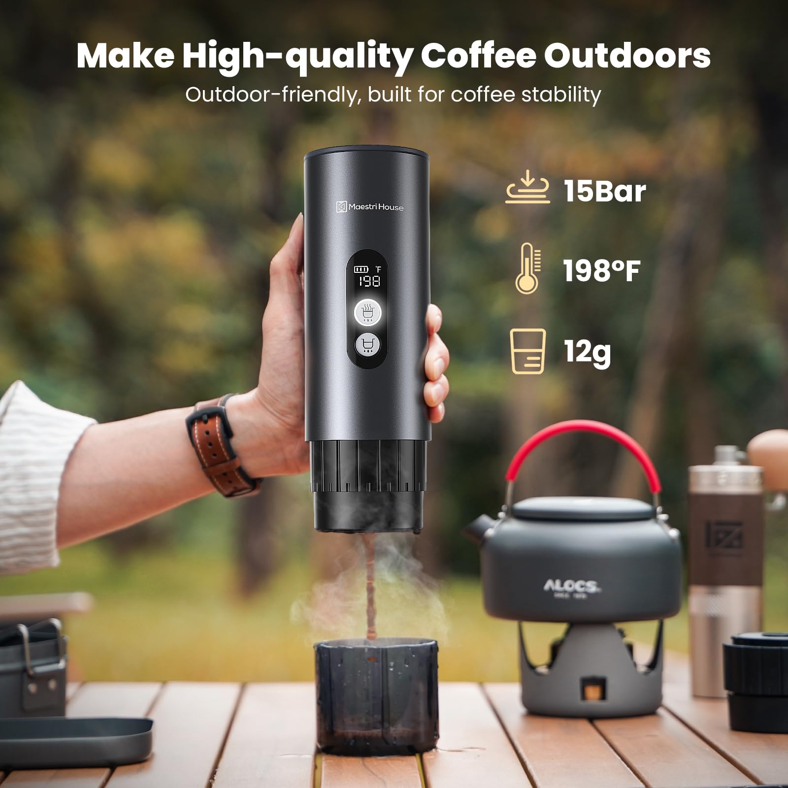Maestri House 150W Portable Espresso Machine - Fast 2-3 Minute Self-Heating, Compatible with NS Capsules & Ground Coffee, Includes Travel Cup Holder - Perfect for Car Camping, RV Trips, Hiking & Outdoor Adventures