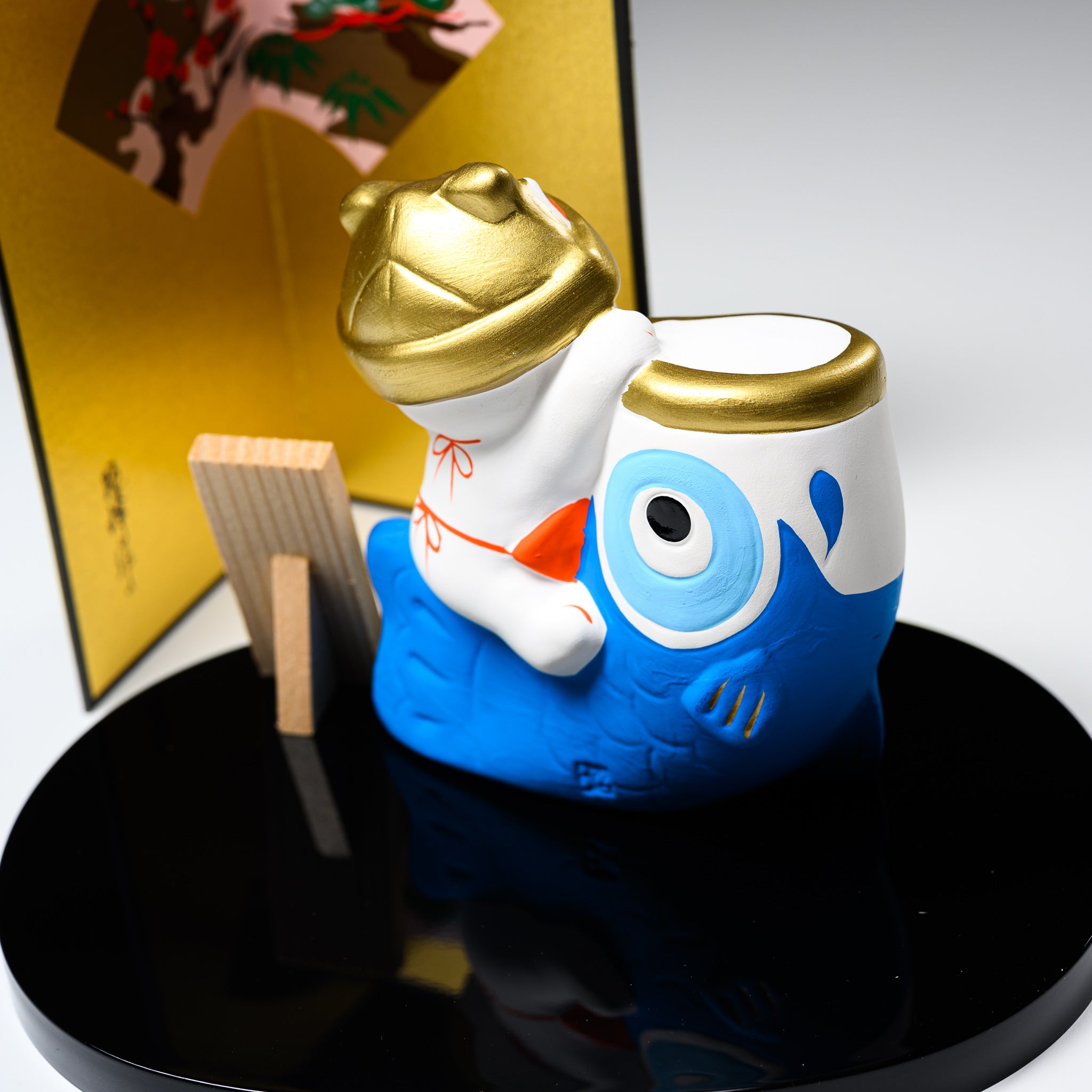 Japanese Seto Ware Lucky Cat with Rising Carp Ornament - Handcrafted Ceramic Fortune Charm for Home & Office Decor | Perfect for Gifts, Feng Shui, and Good Luck