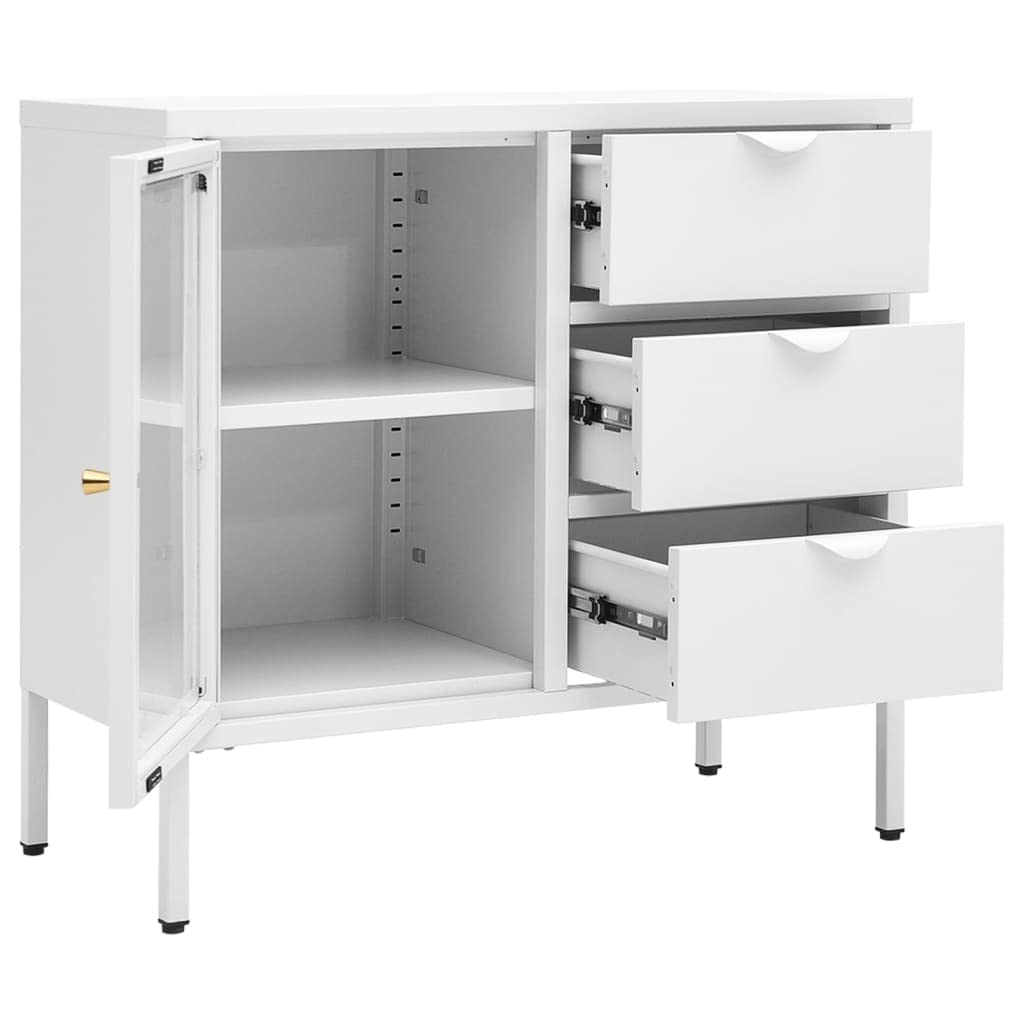 Classic White Steel and Tempered Glass Sideboard with Adjustable Shelf & Drawers - Modern Storage Cabinet for Living Room, Office, Bedroom | Perfect for Home Decor and Organization