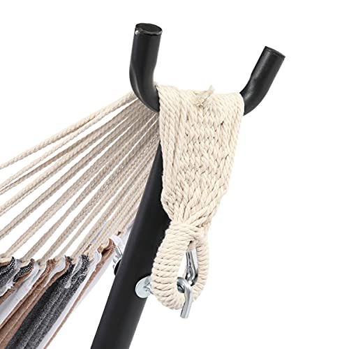 9ft Double Cotton Portable Hammock with Stand - Heavy Duty Space Saving Steel Frame (450 lb Capacity) - Coffee Strip Pattern with Natural Rope - Perfect for Patios, Backyards, Camping & Outdoor Relaxation