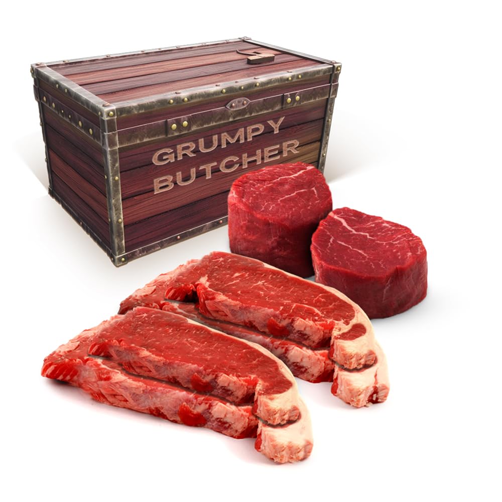 Premium Grumpy Butcher Steak Sampler Gift Box - 2 Filet Mignons & 4 NY Strip Steaks (Prime USDA Beef) | Gourmet Meat Gift Set for BBQ, Dinner Parties & Special Occasions | Perfect for Steak Lovers & Foodies