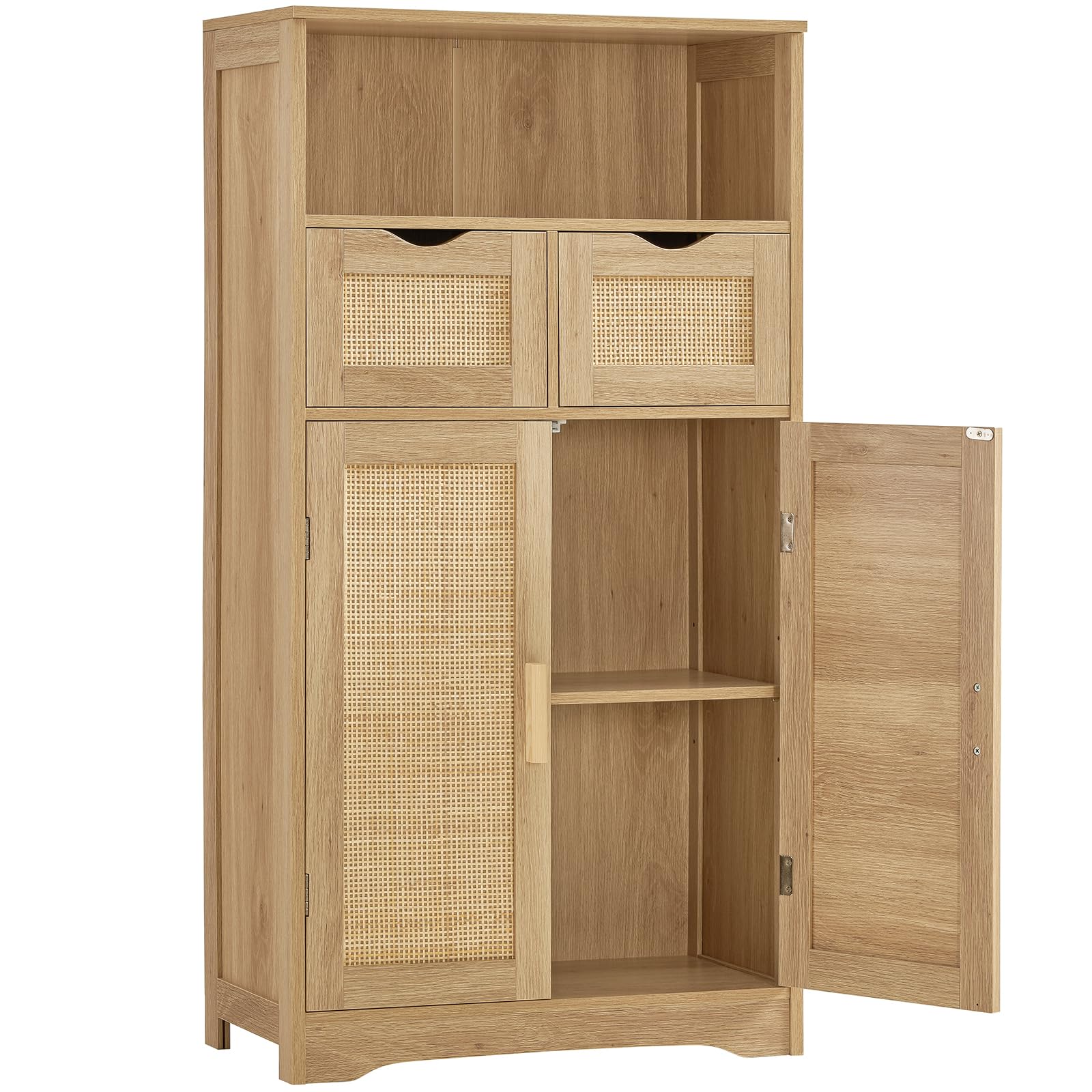 Iwell 2-Door Rattan Storage Cabinet with 2 Drawers & Adjustable Shelves - Kitchen Pantry Organizer, Living Room Cupboard, Home Office Furniture - Perfect for Small Space Organization & Home Decor