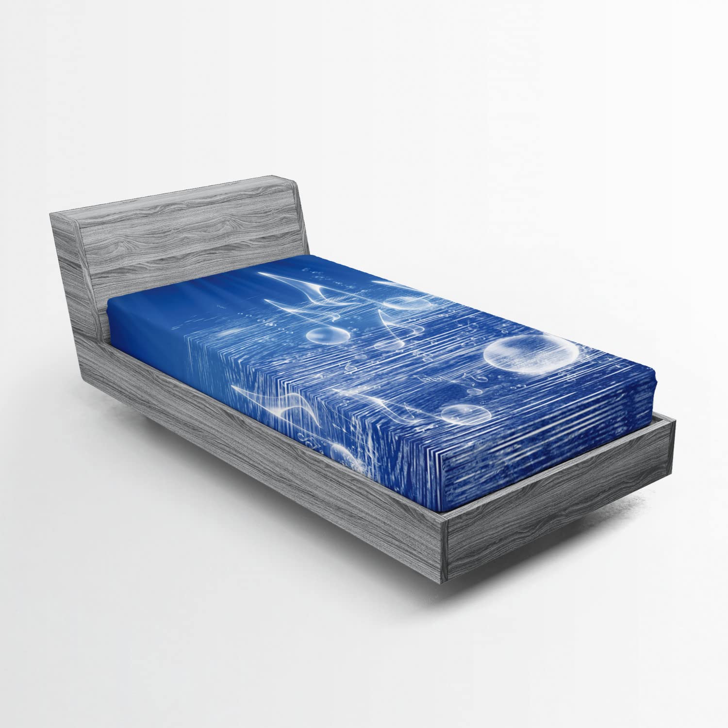 Ambesonne Music Themed Fitted Sheet - Twin Size Blue with Water Musical Notes & Dancing Waves Design | Deep Pocket All-Around Elastic for Comfort | Perfect for Music Lovers' Bedrooms, Dorms & Guest Rooms