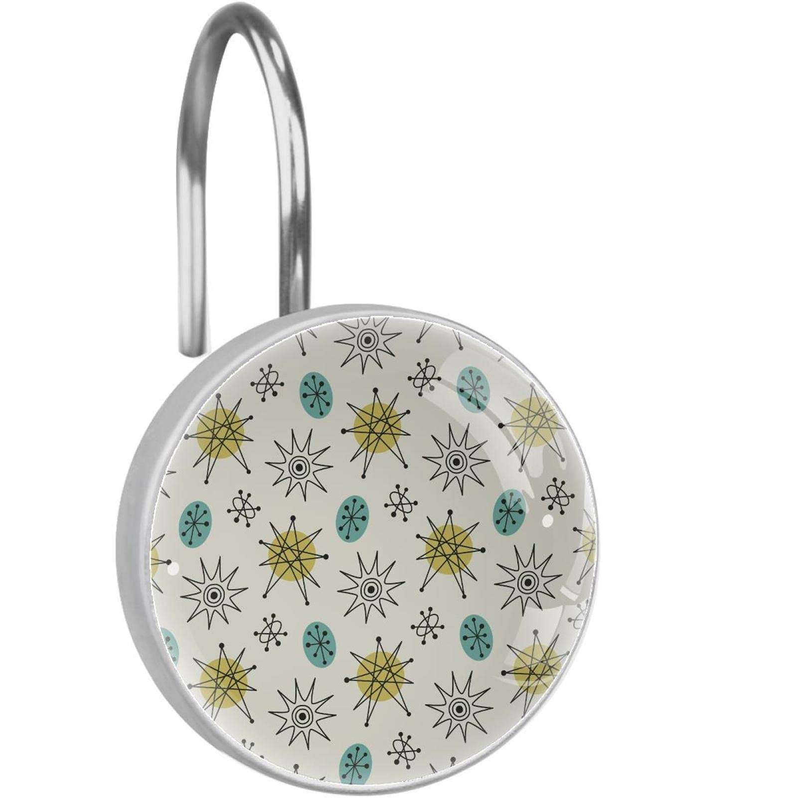 Vintage Mid Century Modern Geometric Shower Curtain Hooks - Yellow & Blue Bathroom Decor for Boho, Farmhouse & Retro Style Homes - Perfect for Showers, Bathtubs & Bathroom Organization