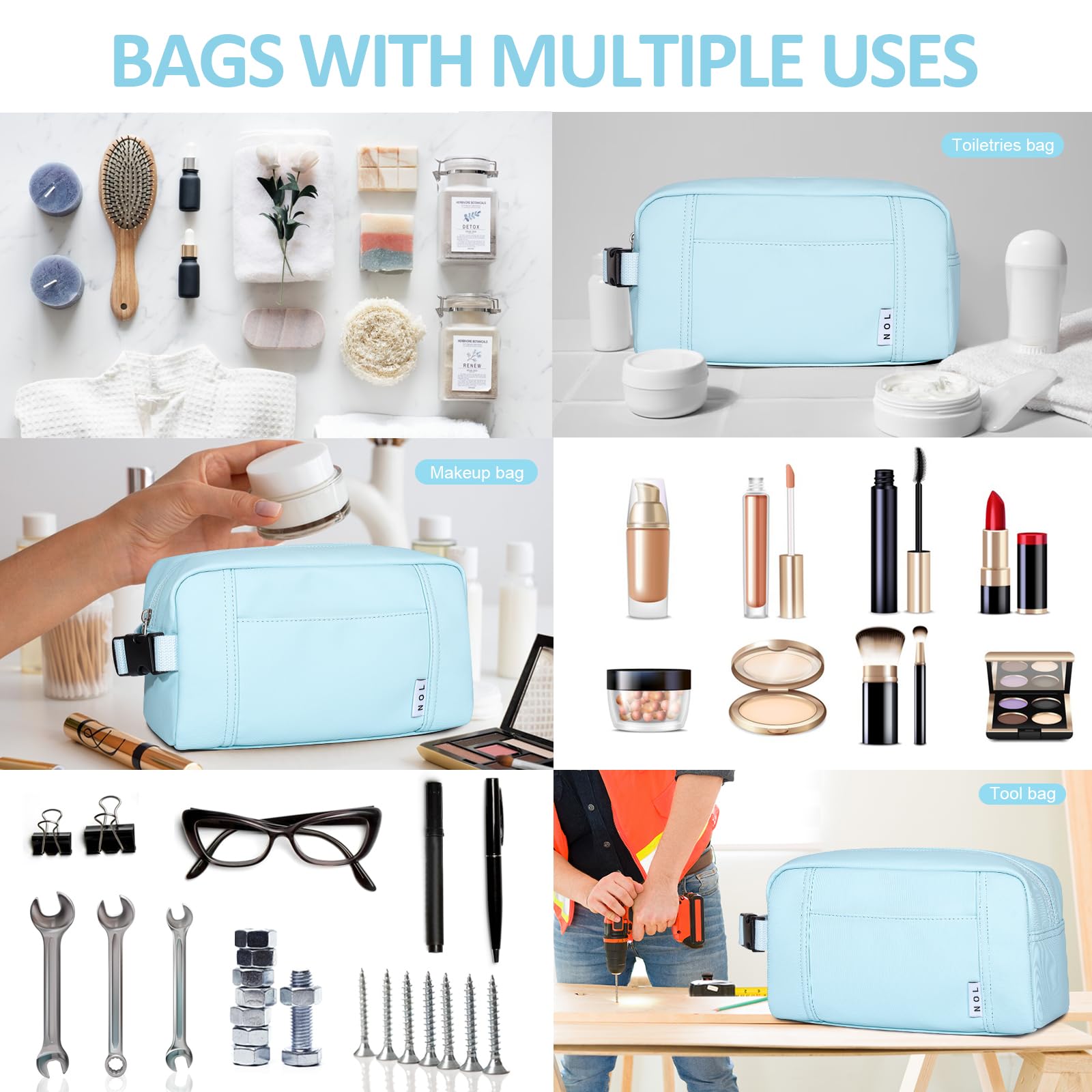 NOL Natural Organic Lifestyle Waterproof Nylon Makeup Bag - Lightweight Travel Toiletry Organizer for Women & Men, Reusable Cosmetic Pouch with Zip Closure & Buckle Handle (Light Blue) - Perfect for Travel, Gym, Beach & Daily Essentials Storage