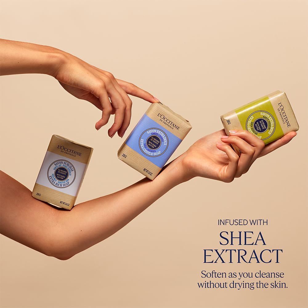 L'Occitane Shea Butter Extra-Gentle Solid Hand & Body Soap - Vegan, Vegetable-Based, Artisanal (Citrusy Shea Verbena, Relaxing Shea Lavender, Shea Milk) | Perfect for Spa Days, Relaxing Baths & Gentle Skin Care