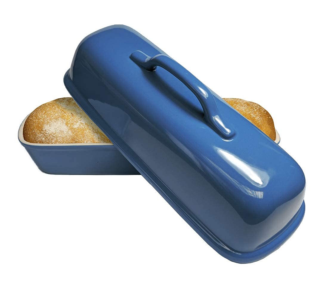 Sassafras Superstone® Covered Baker - Blue Glazed Exterior & Unglazed Interior for Perfect Artisan Italian Bread with Crusty Crust & Light Crumb | Ideal for Homemade Bread Baking, Rustic Loaves & Dutch Oven Style Cooking