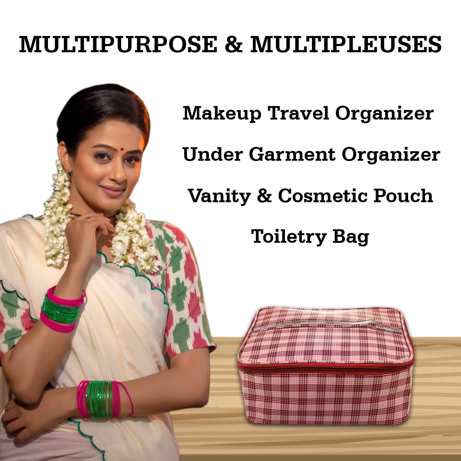 Kuber Industries Under Garment Kit | Rexine Makeup Travel Organizer | Check Print Vanity & Cosmetic Pouch | Toiletry Bag with Handle for Men & Women (Red) - Perfect for Travel, Gym, and Daily Essentials Storage