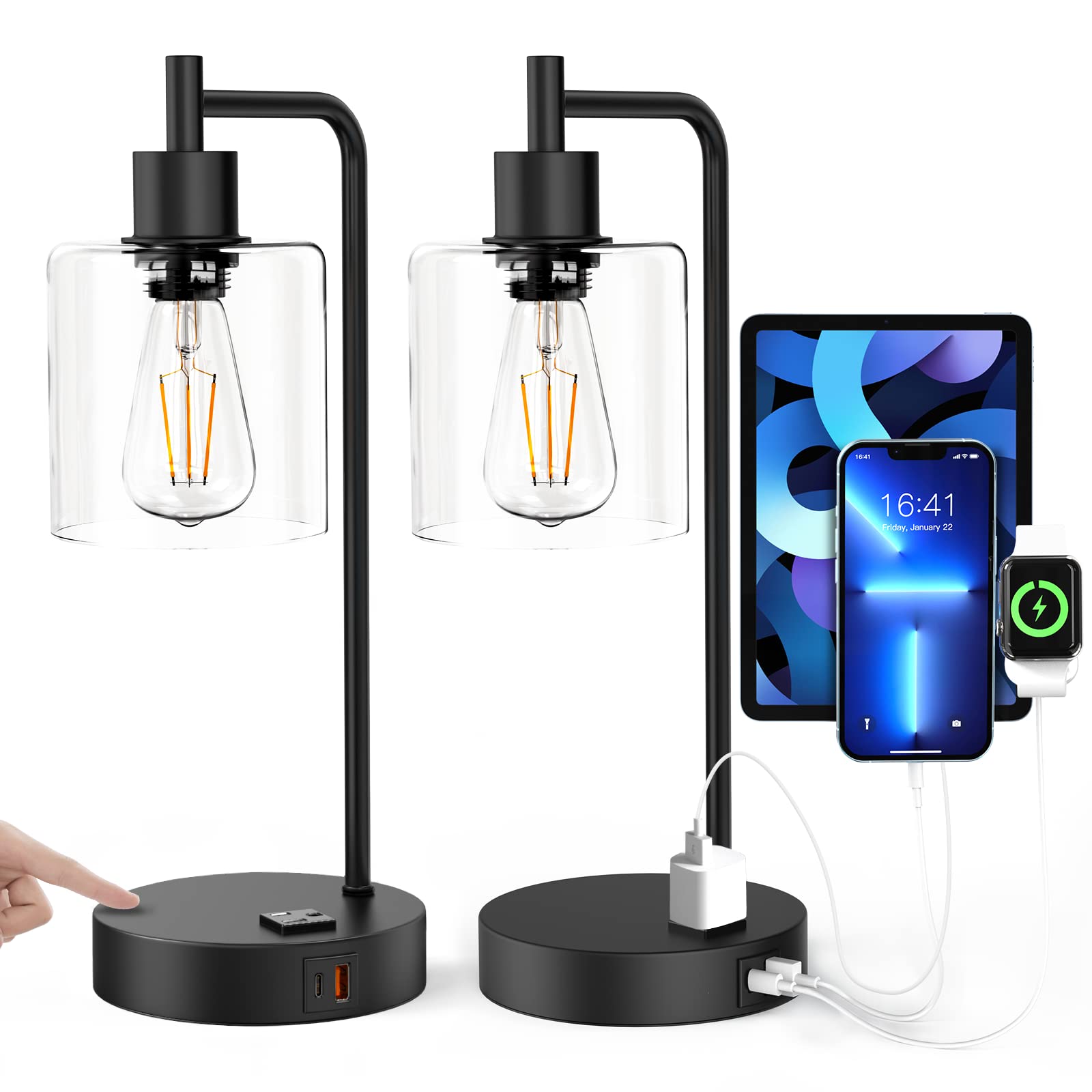 Upgraded Touch Control Industrial Table Lamp with USB A+C Ports & AC Outlet - 3-Way Dimmable Glass Shade Bedside Nightstand Desk Lamp for Reading, Bedroom, Living Room, Office - Set of 2 with Light Bulbs Included - Perfect for Home, Office, and Study Spaces
