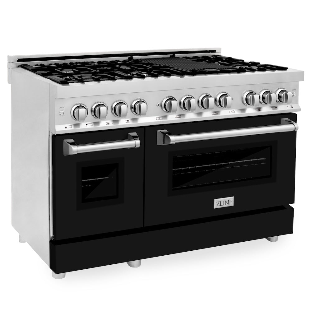 ZLINE 48 Inch Professional Kitchen Package - Stainless Steel Dual Fuel Range with Black Matte Door & Convertible Range Hood (2KP RABLMRH48) - Perfect for Home Chefs & Modern Kitchens