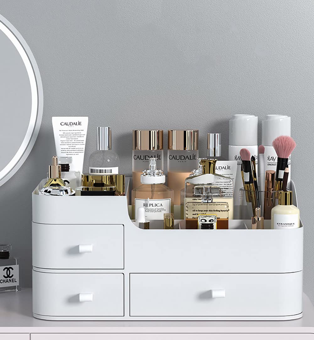 Large Makeup Organizer with Drawers - Spacious Vanity & Bathroom Cosmetic Storage - Countertop Organizer for Bedroom, Dresser & Travel (White) - Perfect for Organizing Lipsticks, Brushes & Skincare Products