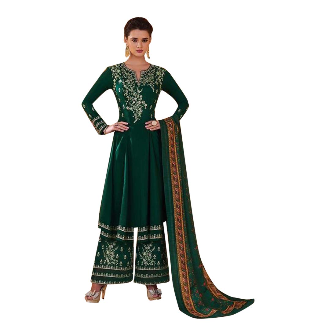 Elegant Green Bollywood Designer Indian Muslin Embroidered Straight Suit with Dupatta | Traditional Punjabi Muslim Wedding & Party Wear for Women | Perfect for Festivals, Bridal Showers & Cultural Events (Style 8818)