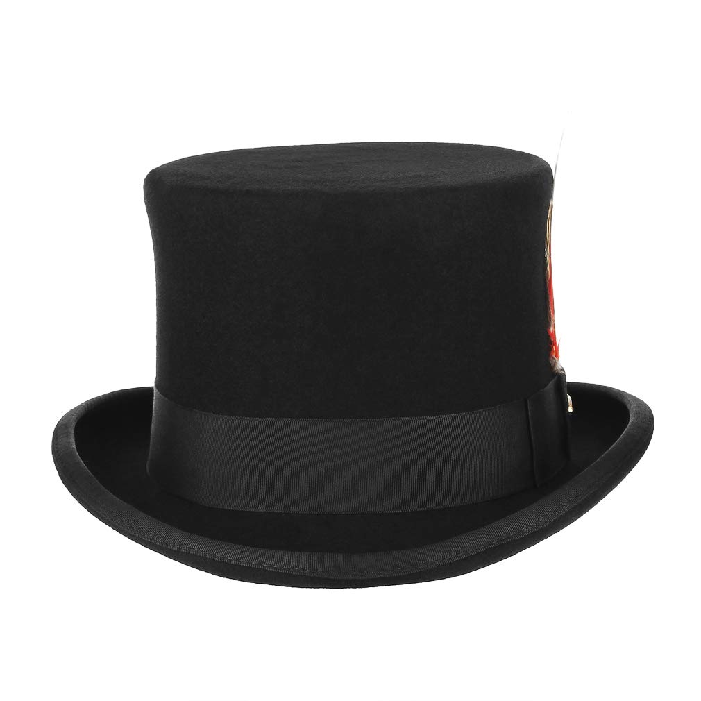 GEMVIE Men's 100% Wool Top Hat with Feather - Mad Hatter Style Satin Lined Low Top Hat for Magic Shows, Cosplay, and Victorian Costume Parties