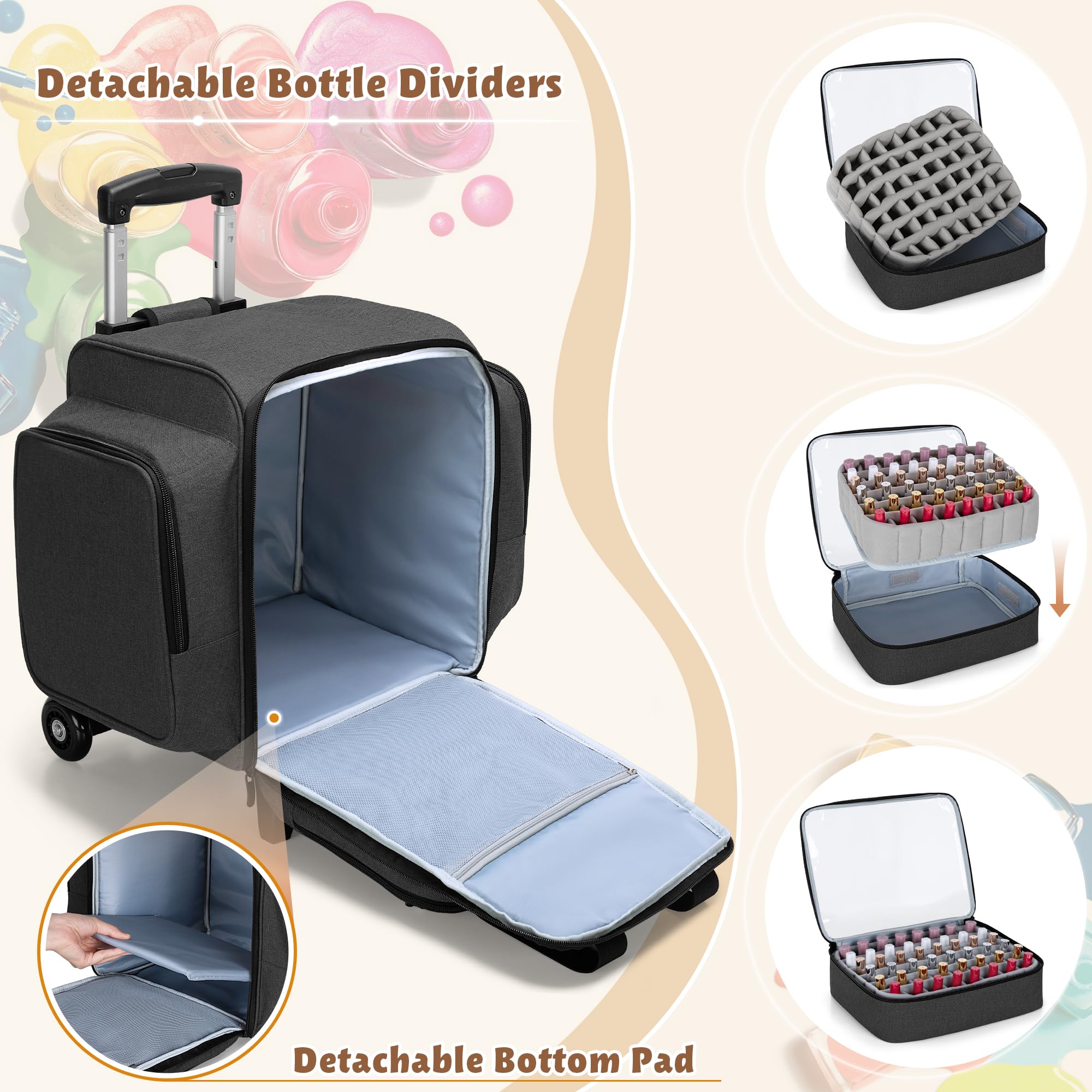 BAFASO 144 Bottle Rolling Nail Polish Organizer - Portable Nail Polish Storage Case with Detachable Wheels & 3 Removable Trays (Patented Design, Black) | Perfect for Salon Professionals & Home Nail Art Enthusiasts