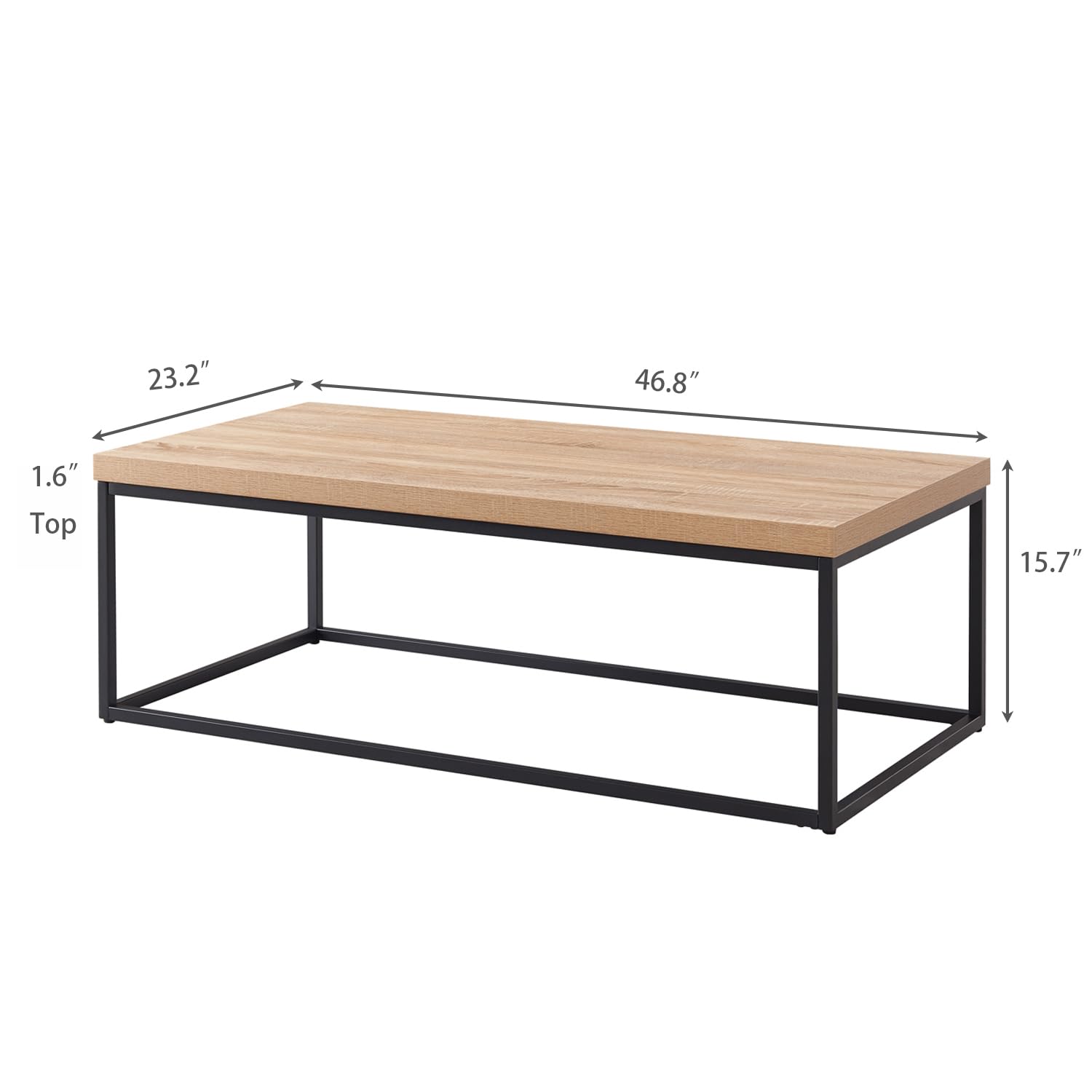 Modern Industrial CENSI 47-Inch Oak Coffee Table - Rectangular Wood & Metal Design with Extra Thick Tabletop (Natural Wood Finish) - Perfect for Living Room, Lounge, or Office Decor