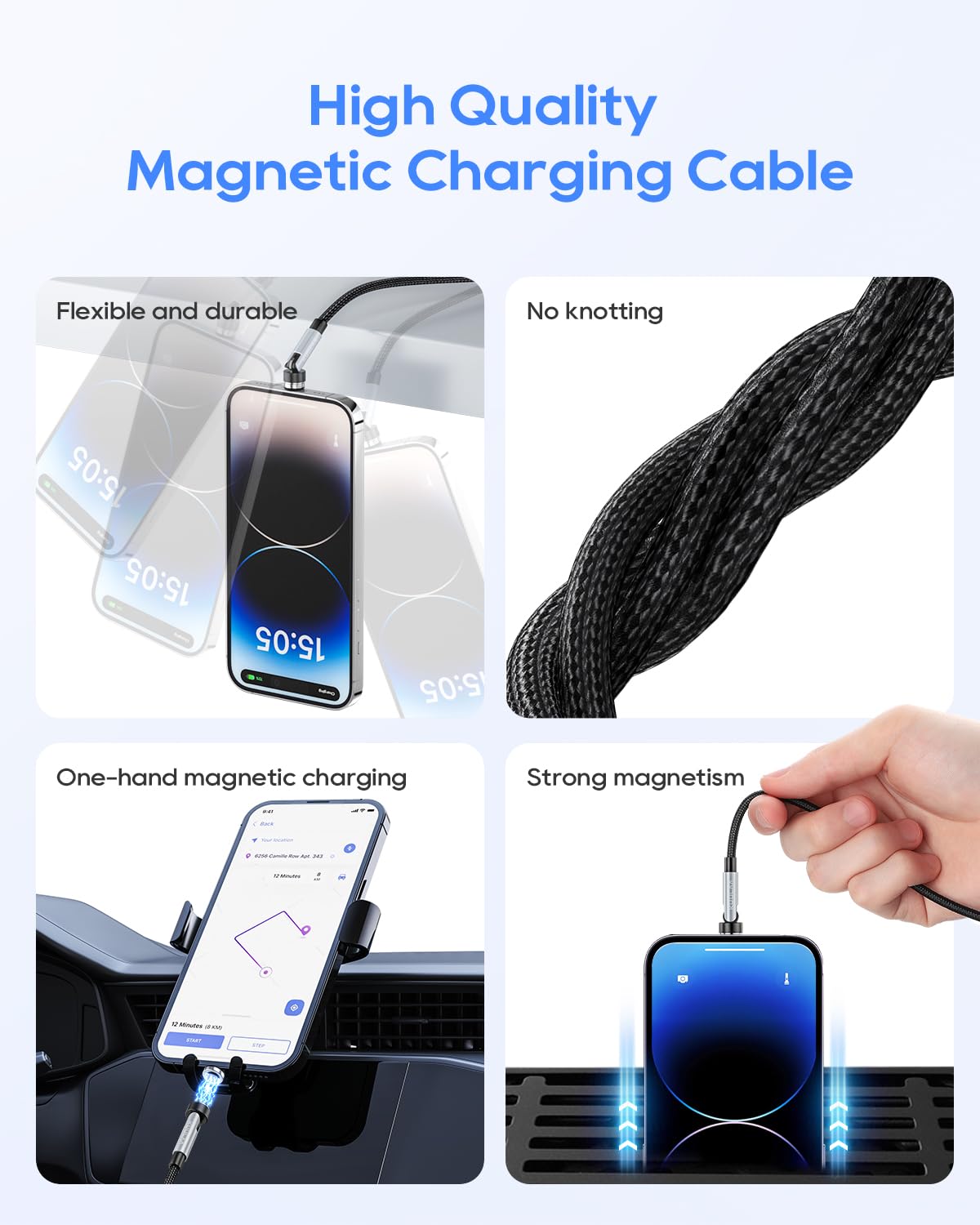 Kuulaa 6-in-1 Magnetic Charging Cable 1M - Fast Charging USB C/Micro USB/i-Product Compatible - 540° Rotating & Nylon Braided for Smartphones, Tablets, Laptops - Perfect for Home, Office & Travel Charging