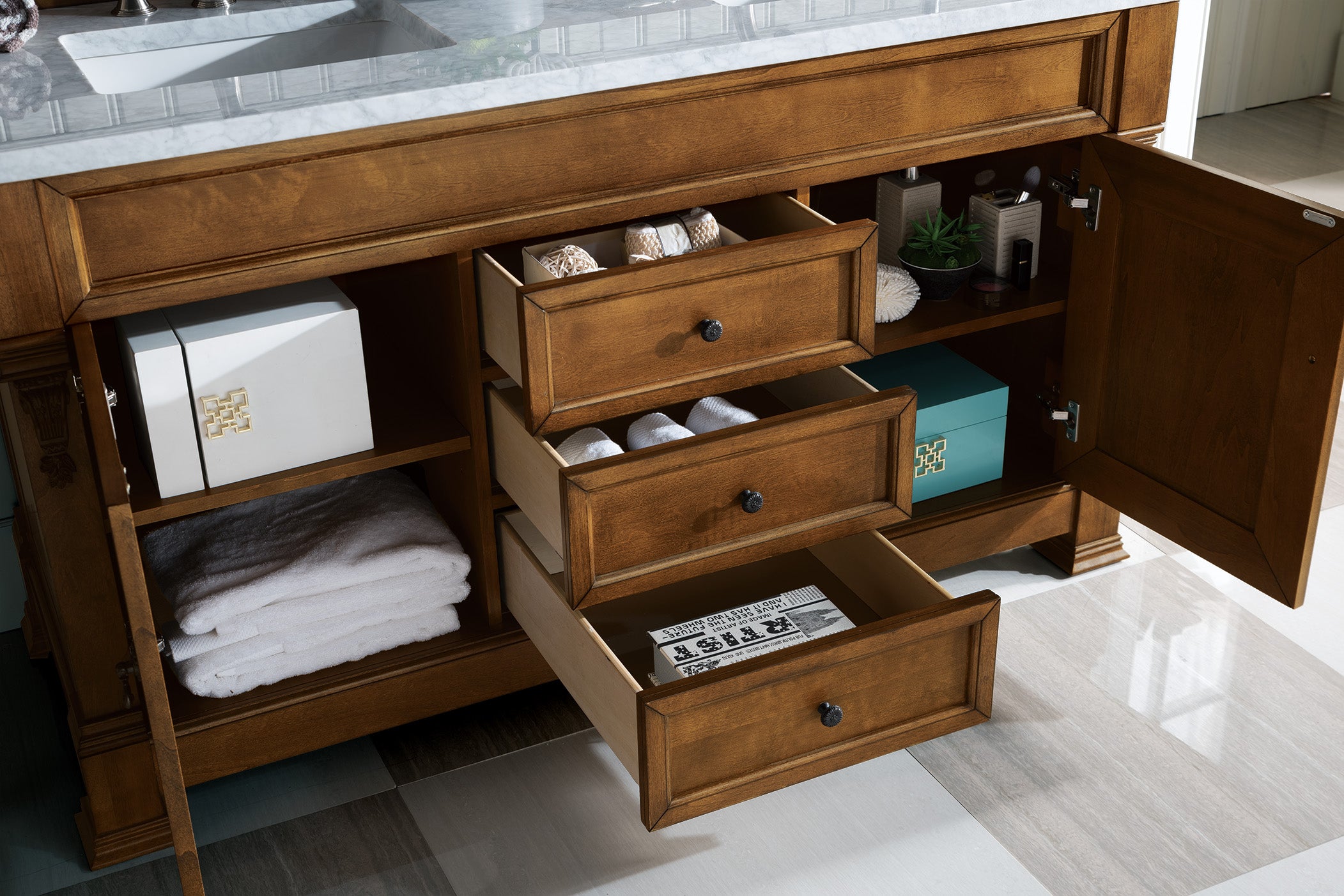 Brookfield 60 Inch Double Bathroom Vanity with Country Oak Finish & 3CM Carrara Marble Top - Perfect for Master Bathroom Renovation & Luxury Home Upgrade
