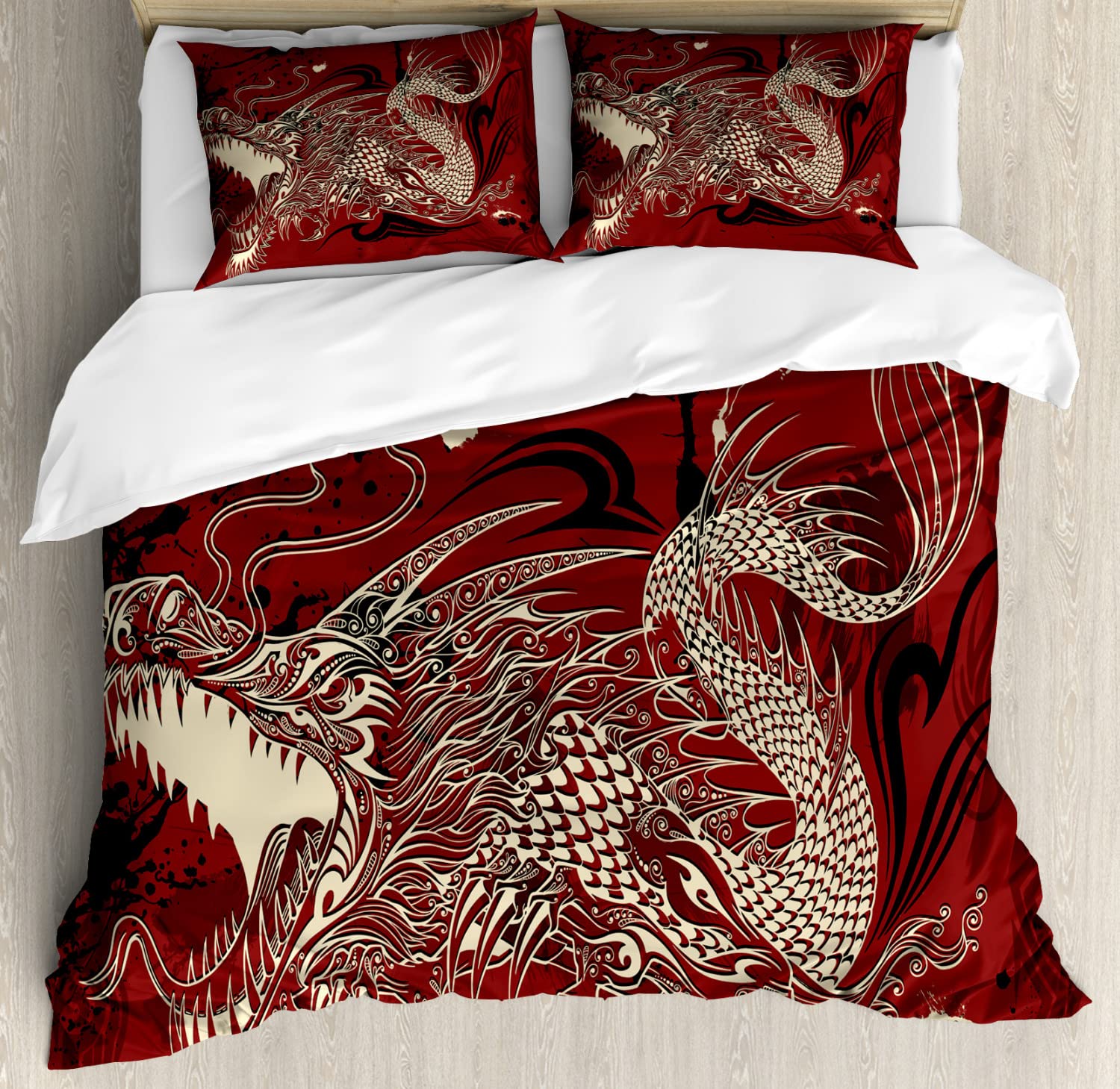 Ambesonne Dragon Duvet Cover Set - Japanese Eastern Style Angry Dragon Doodle Print on Grunge Background, 2-Piece Cal King Size Bedding Set with 4 Pillowcases (Ivory & Ruby) | Perfect for Anime Lovers, Fantasy Themed Bedrooms & Unique Home Decor