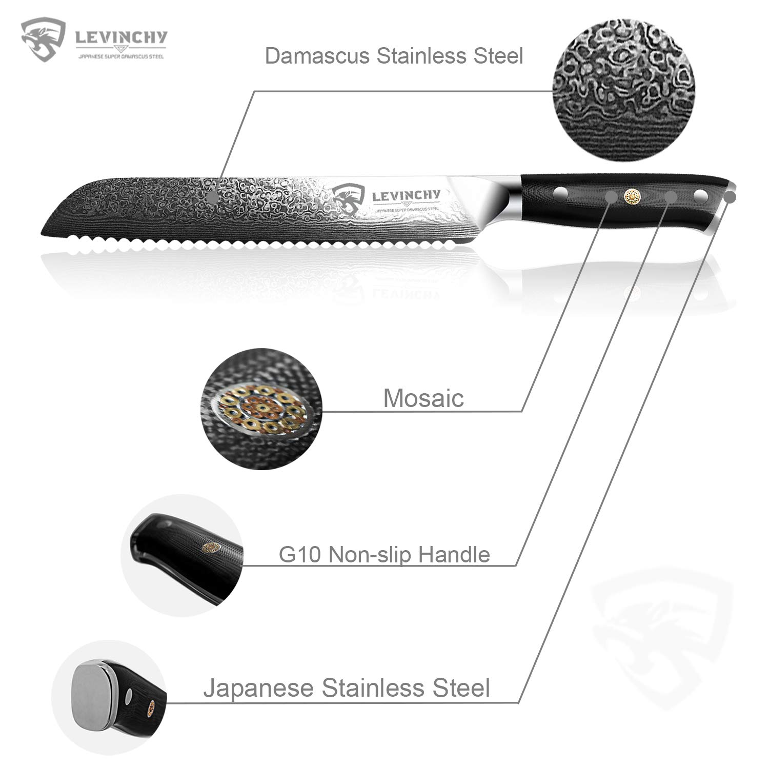 8 Inch Professional Japanese Damascus Stainless Steel Bread Knife with Black G10 Handle - Ergonomic Kitchen Knife with Superb Edge Retention, Stain & Corrosion Resistant - Perfect for Slicing Bread, Pastries, and Baked Goods