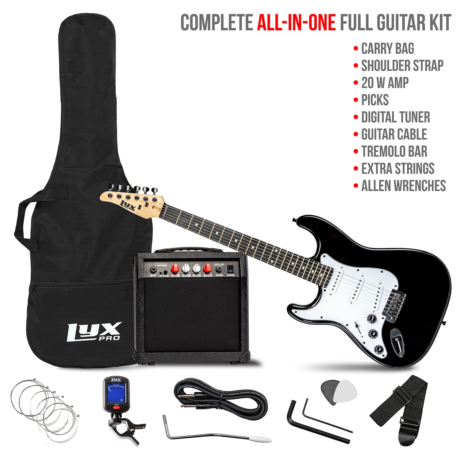 LyxPro Left Handed 39-Inch Full Size Electric Guitar Starter Kit for Beginners - Includes Amp, 6 Strings, 2 Picks, Shoulder Strap, Digital Clip-On Tuner, Cable & Soft Case (Black) - Perfect for Home Practice, Studio Recording & Live Performances