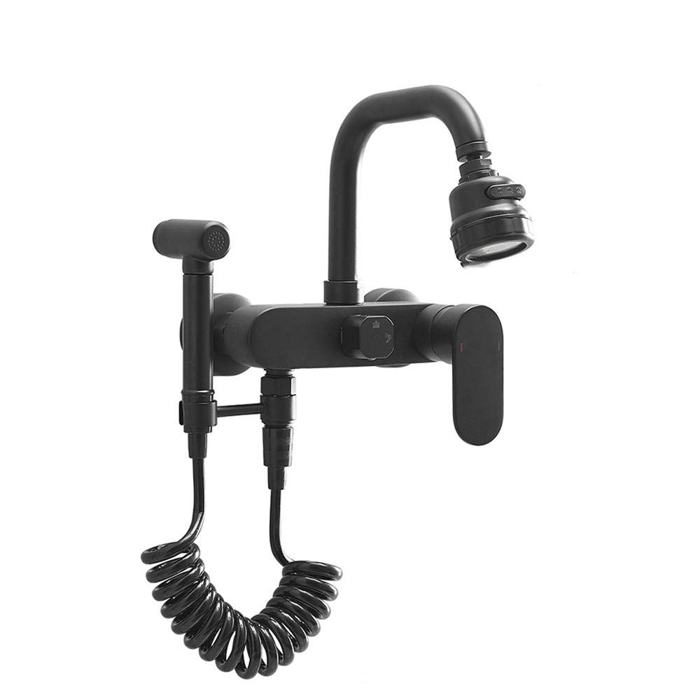 Black Wall Mount Kitchen Faucet with Spray Gun - Rotating Hot & Cold Water Tap for Modern Sinks - Perfect for Small Kitchens, RVs & Outdoor Bars