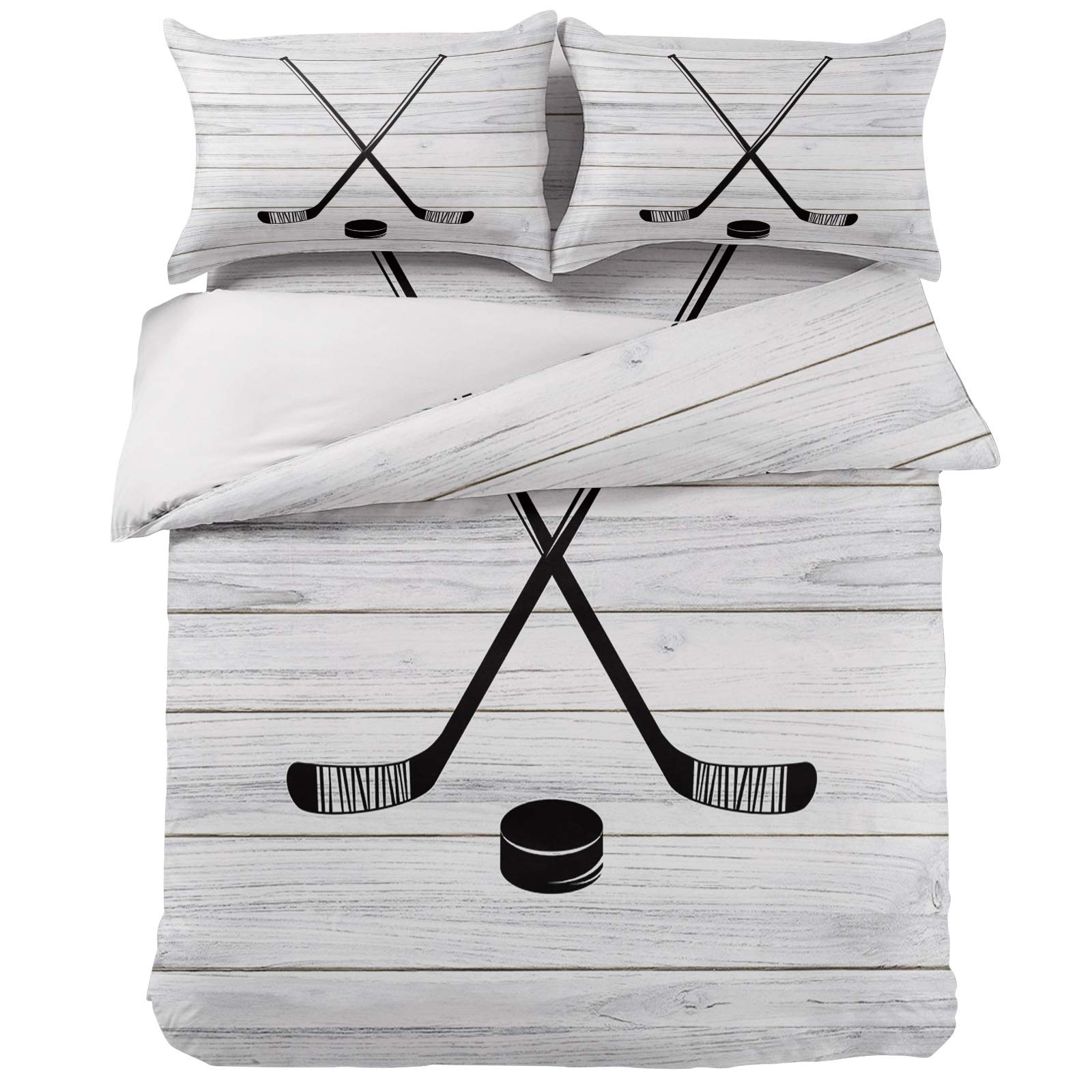 4-Piece Hockey Themed Duvet Cover Set - Full Size Ultra Soft Quilted Bedding with 2 Pillowcases - Hockey Sticks & Pucks Design on Rustic Wood Plank Background - Perfect for Sports Fans Bedroom Decor & Teen Boys Room Theme