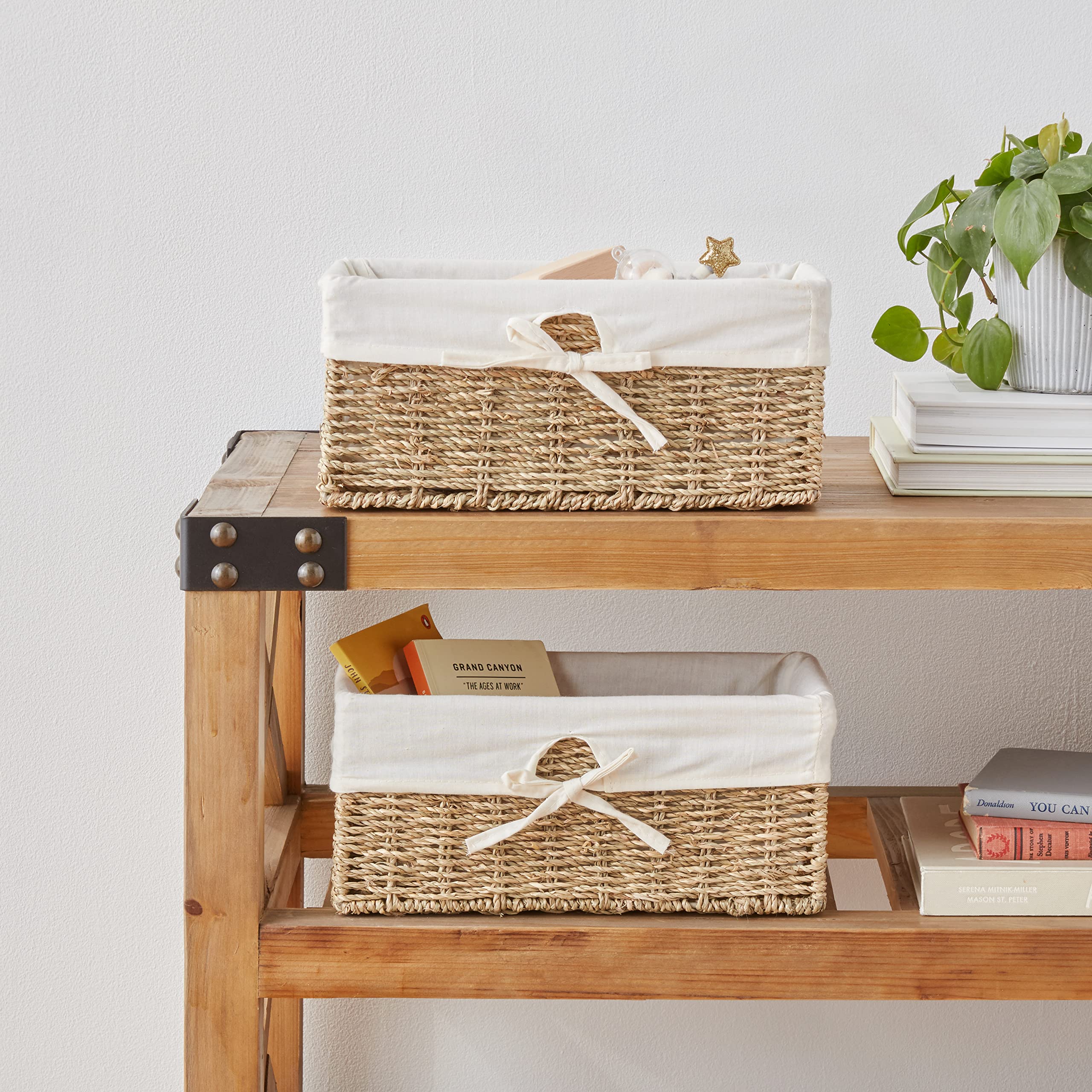 Vintiquewise(TM) Seagrass Storage Basket with White Lining - Set of 2 | Perfect for Bathroom Organization, Nursery Decor & Farmhouse Style Home Storage