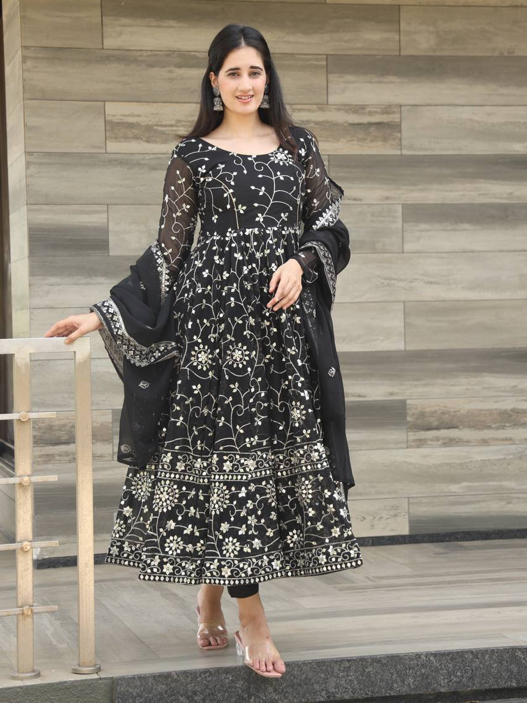 Elegant Black Designer Georgette Anarkali Dress with Intricate Embroidery - Perfect for Weddings, Parties & Special Occasions