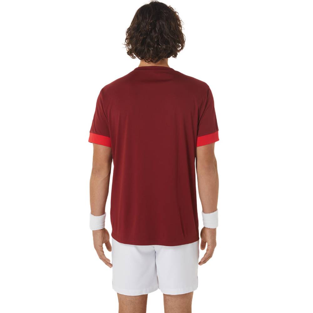 ASICS Men's Court Short Sleeve Tennis Shirt - Moisture-Wicking Performance Top in Beet Red/Classic Red - Perfect for Tennis, Pickleball & Casual Wear