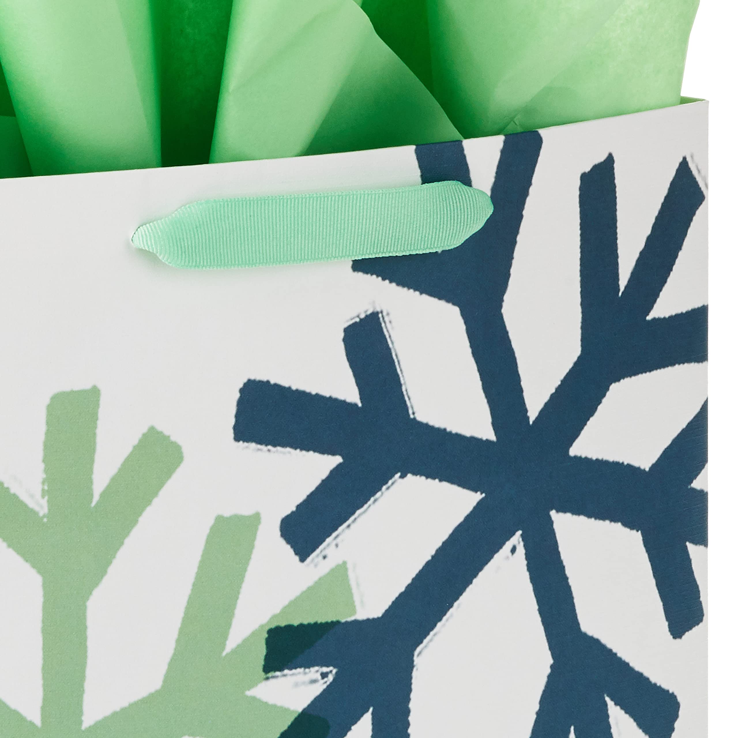 Hallmark Signature 10 Inch Square Holiday Gift Bags with Tissue Paper - Navy Blue, Mint Green & Gold Snowflakes Design for Christmas, Hanukkah, Winter Weddings, Graduation & Birthday Presents - Perfect for Party Favors, Corporate Gifts & Special Occasions