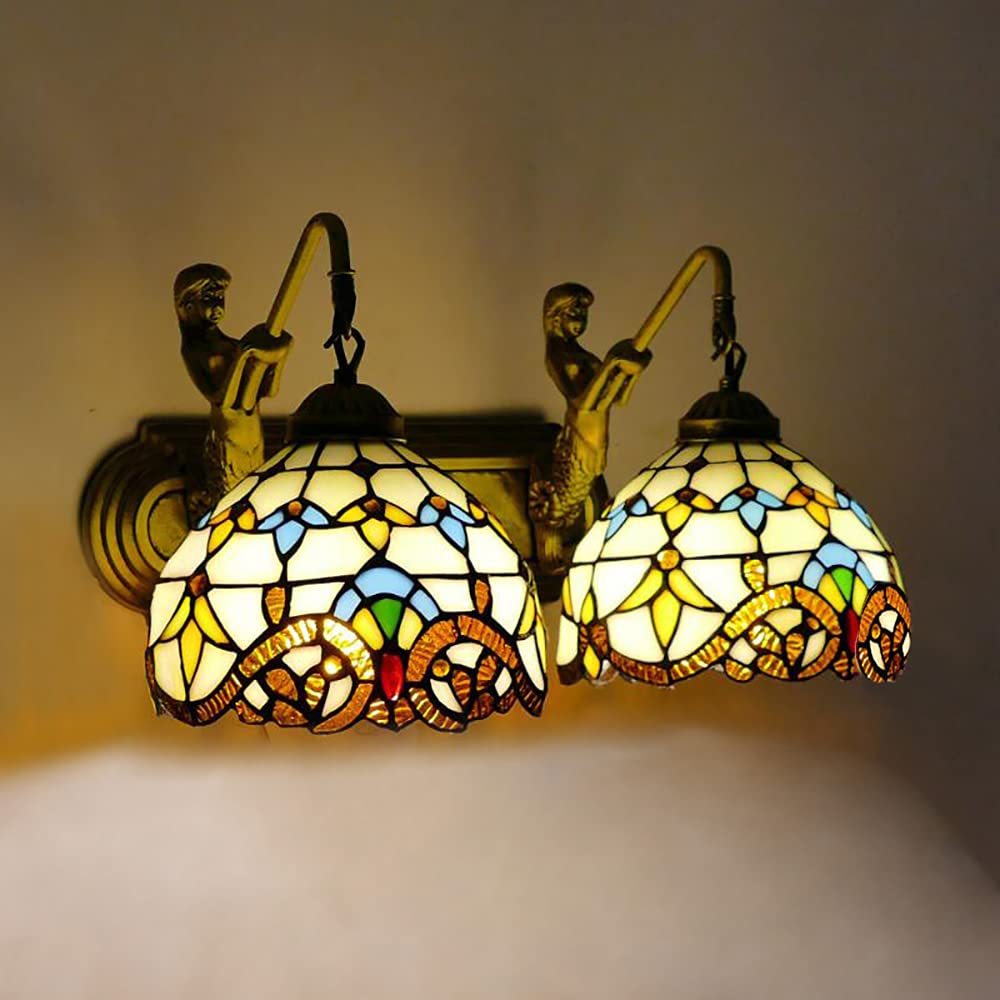 Vintage Tiffany Style Wall Sconce - Double Head Stained Glass Wall Lamp with Yellow Shade, Antique Indoor Lighting Fixture for Bedroom, Living Room, Hallway | Perfect for Home Decor, Romantic Ambiance & Victorian Style Interiors