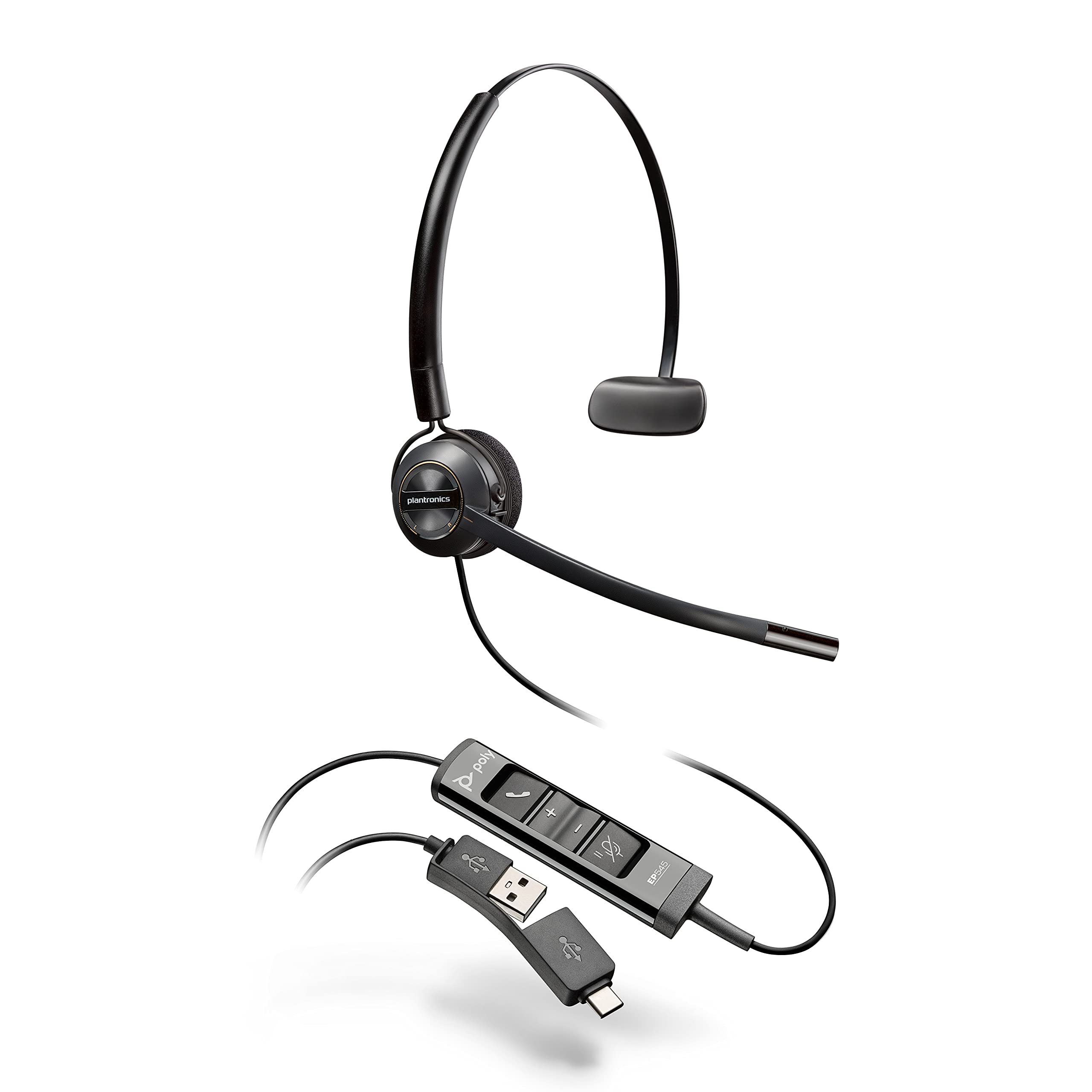 Plantronics Poly EncorePro 545 USB Headset with Noise Cancelling - USB-A & USB-C Compatible Office Headset with Call Answer Buttons & Convertible Wearing Style - Perfect for Remote Work, Call Centers & Video Conferencing