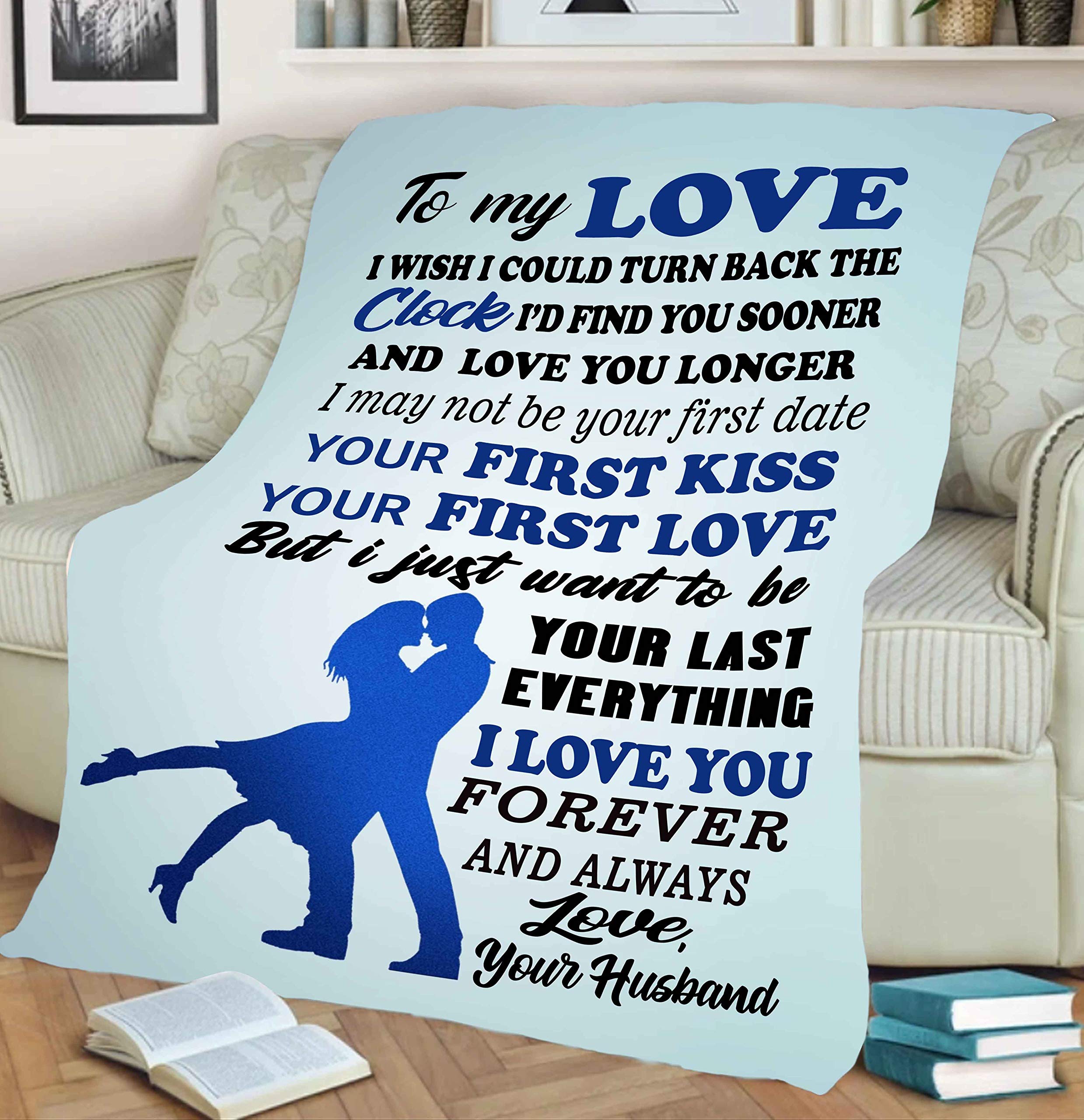 Your First Kiss Your First Love - Premium Fleece Blanket for Wife, Best Anniversary & Valentine's Day Gift, Supersoft Cozy Blanket with Romantic Quotes, Perfect for Cuddling on Cold Nights, Movie Nights, and Romantic Getaways