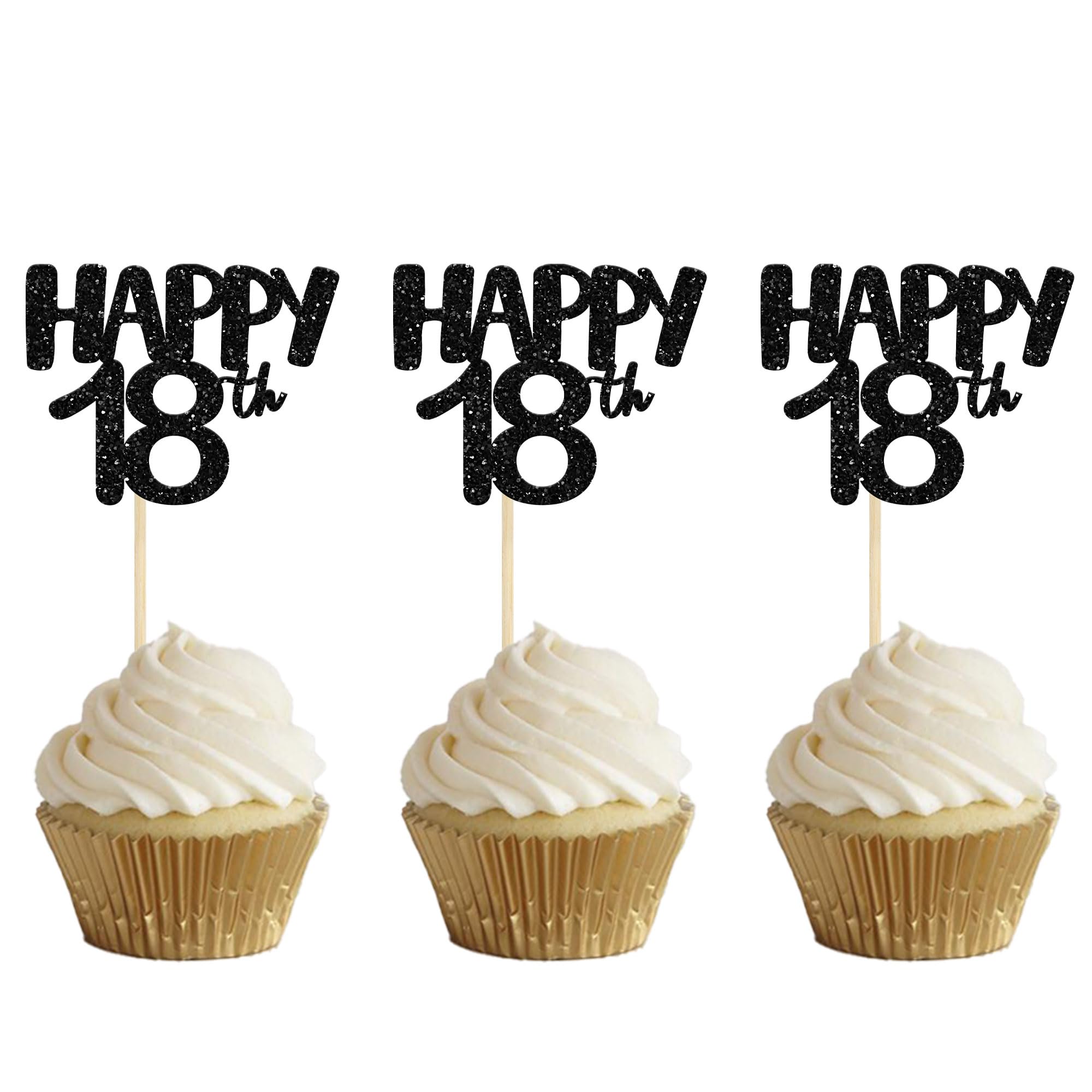 24Pcs Happy 18th Birthday Cupcake Toppers - Black Gold Cake Decorations for 18th Anniversary Party Supplies | Perfect for Teen Birthday Celebrations, Graduation Parties & Milestone Events