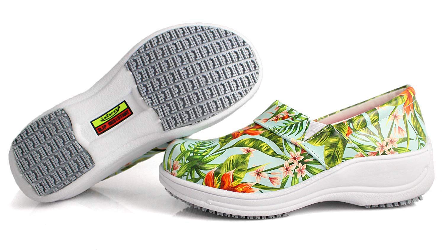 Laforst Rachel 7003 Women's Non-Slip Work Clogs - Slip Resistant Slip-On Shoes for Nurses, Chefs & Waitresses - Comfortable Green Leaf Design - Size 9