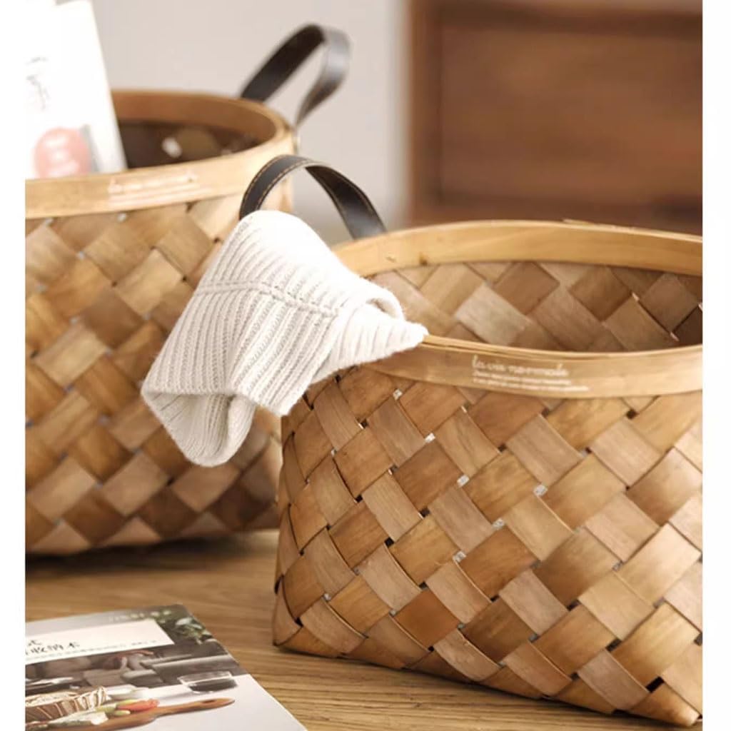 Round Woven Storage Basket with Leather Handle - Open Design Organizer for Shelves, Living Room, Nursery & Bathroom - Small Felt Basket for Home Decor & Countertop Storage