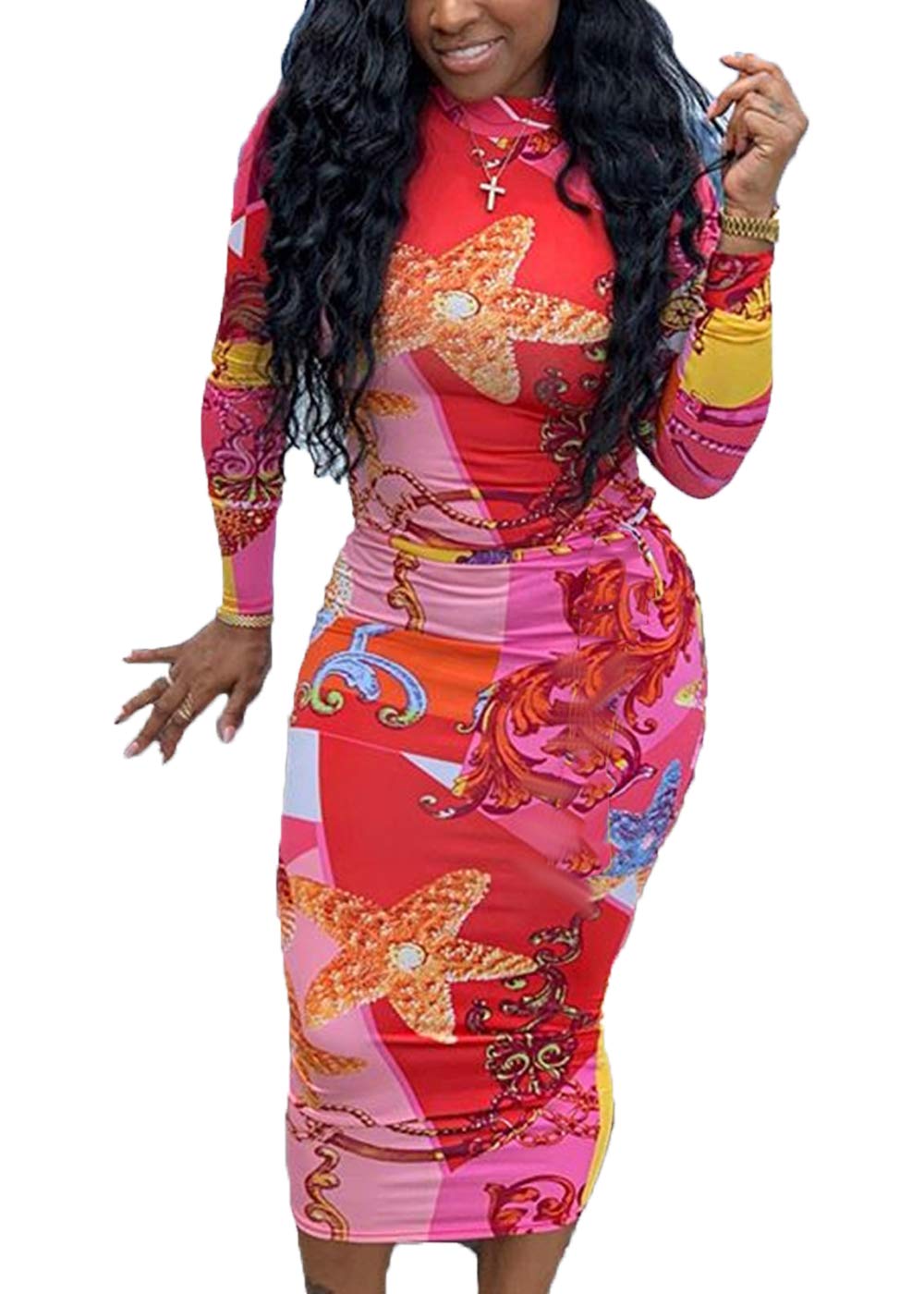 Women's Plus Size Floral Bodycon Maxi Dress Long Sleeve Clubwear Party Dress - Perfect for Night Out, Date Night & Special Occasions