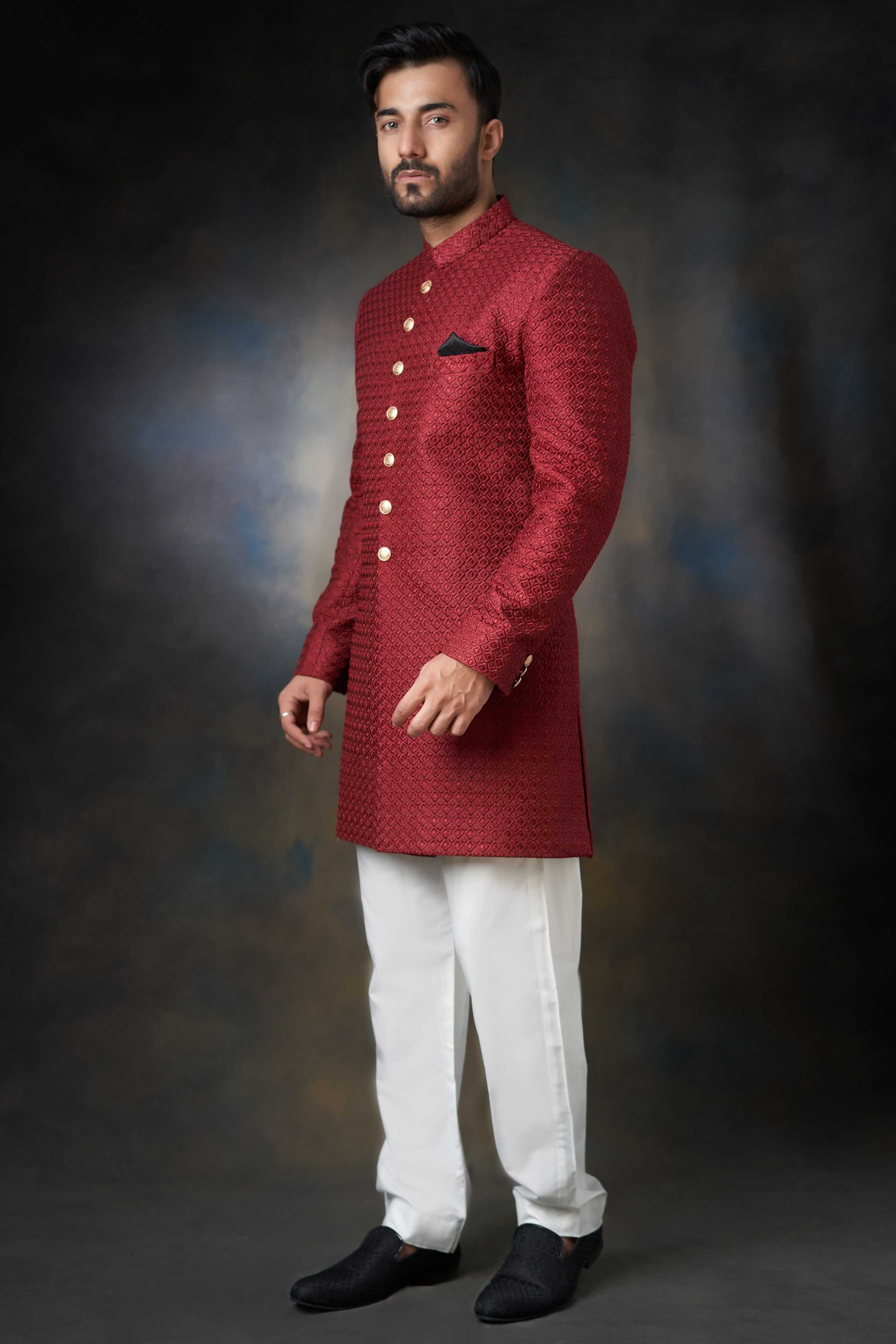 Deep Maroon Embroidered Sherwani for Men - Traditional Indian Wedding Attire & Festive Occasions