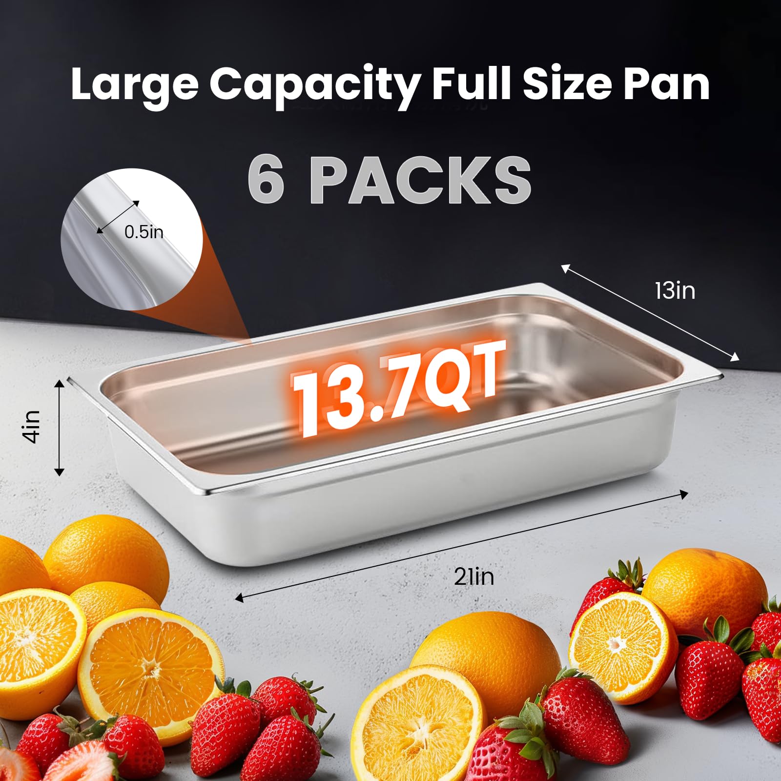 6-Piece Full Size Steam Table Pan Set 4 Inch Deep - Commercial Grade Stainless Steel Food Pans, Dishwasher & Oven Safe - Perfect for Catering, Buffet, Restaurant, Salad Bar & Food Service Industry