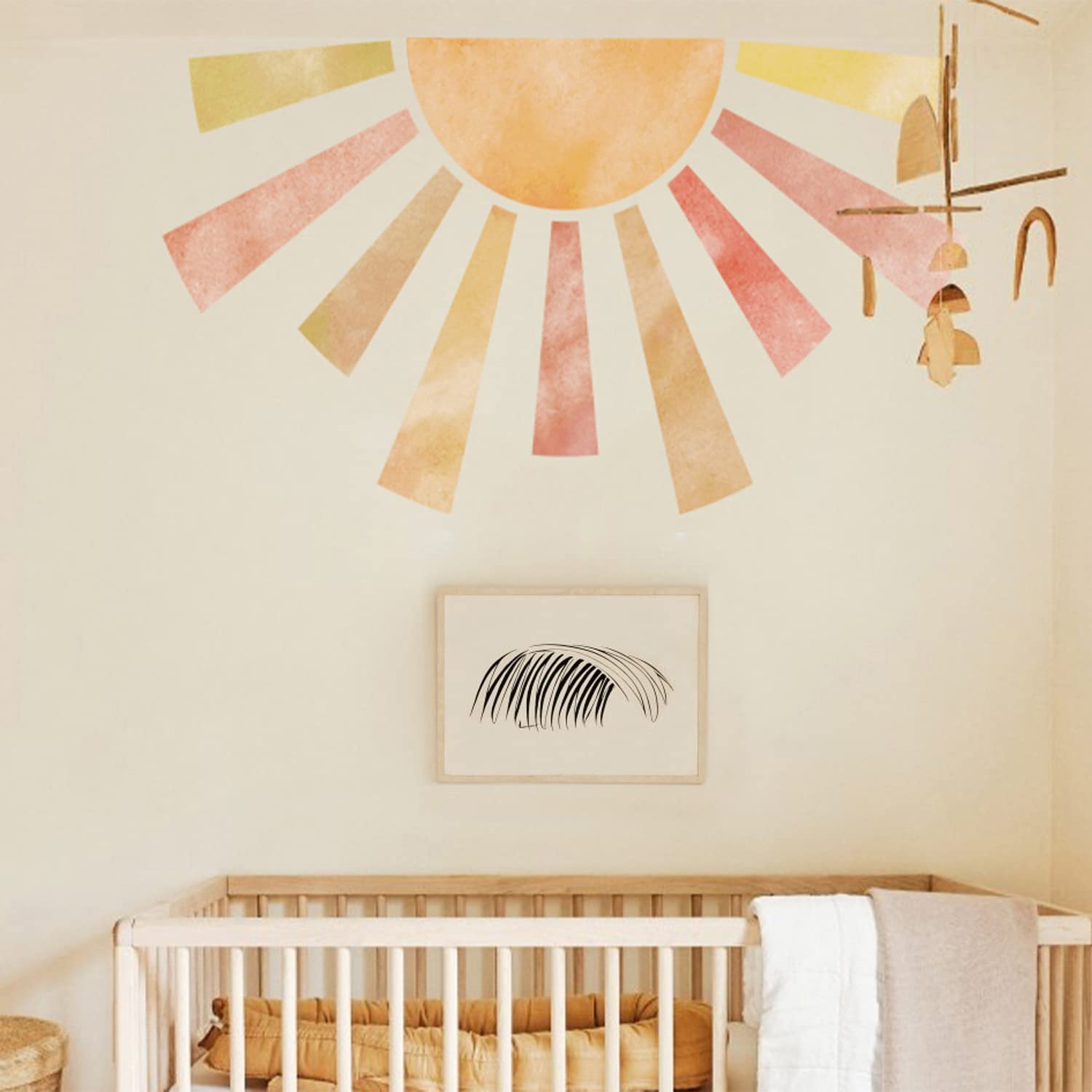 Large Fabric Watercolor Boho Half Sun Wall Decals - Peel and Stick Pastel Sunrise Wall Murals - Sunshine Wall Art Decor for Kids Room, Playroom, Nursery, Bedroom - 48.03