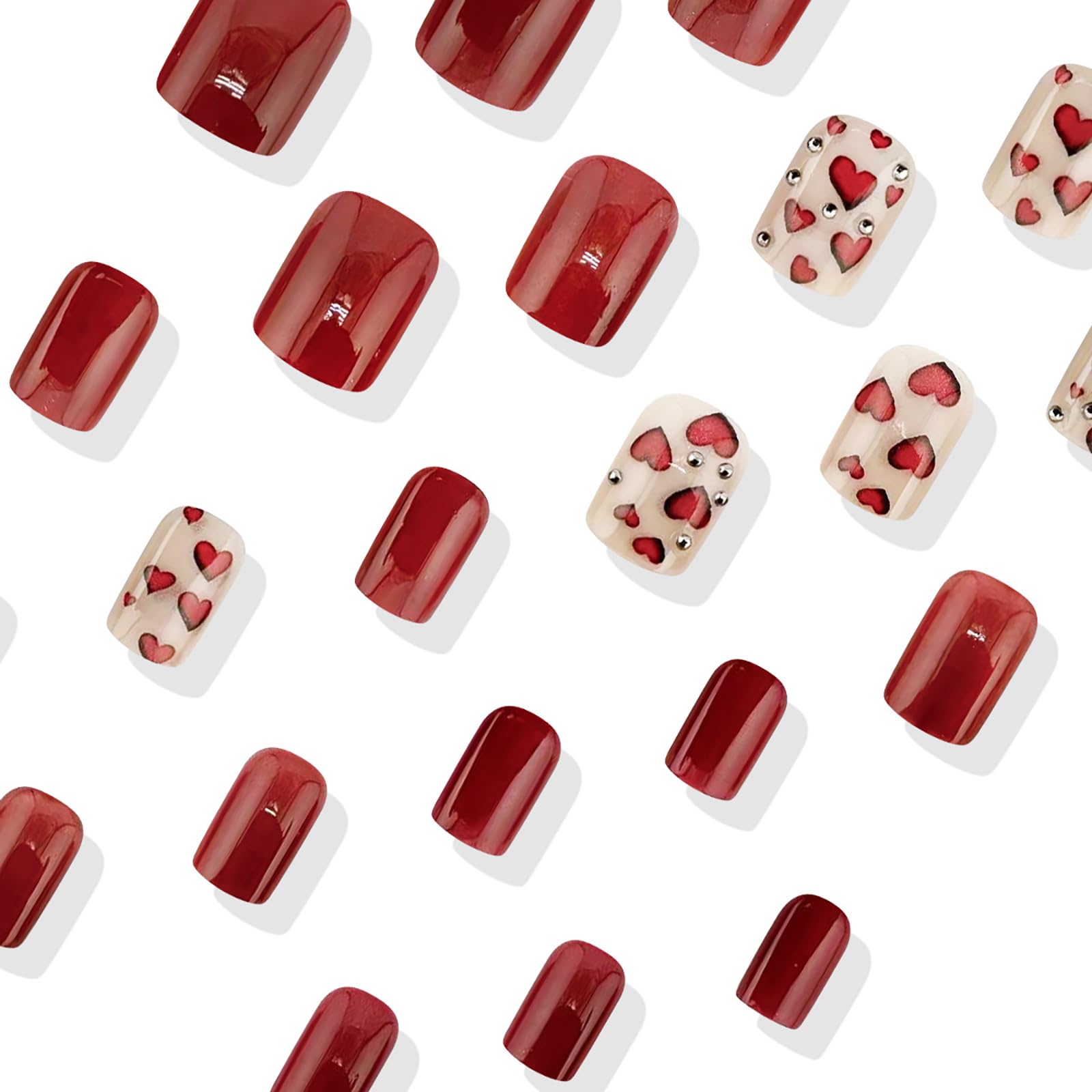 24 Pcs Valentine’s Day Press on Nails - Medium Length Square Fake Nails with Red Heart & Rhinestone Design, Includes Glue | Acrylic False Nails for Women | Perfect for Date Night, Parties & Holiday Gifts