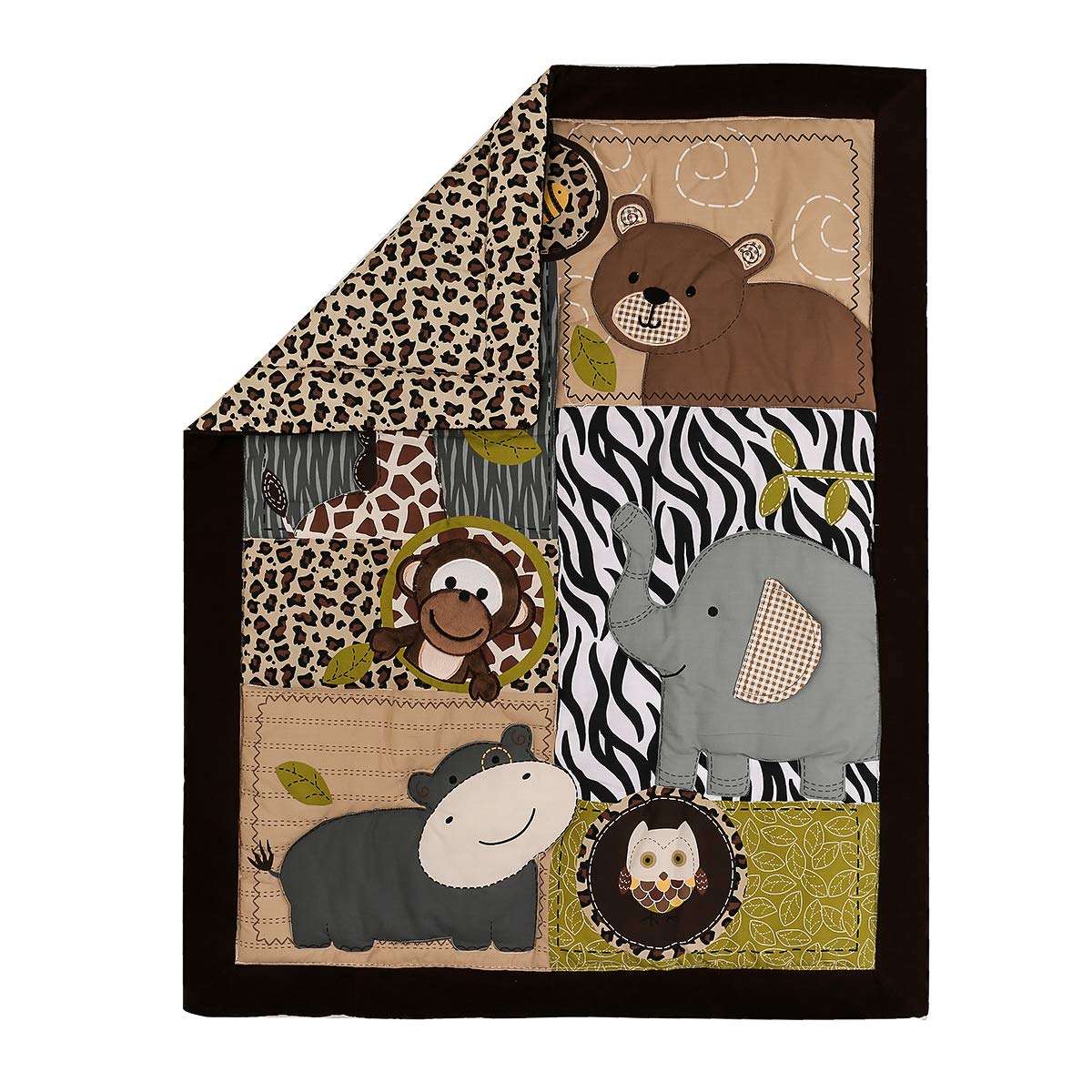 JAHbaby 4-Piece Brown Wild Animal Nursery Crib Bedding Set - Elephant Giraffe Bear Hippo Design for Baby Boys - Includes Quilt, Fitted Sheet, Skirt & Window Valance - Perfect for Jungle-Themed Nursery Decor & Baby Shower Gifts