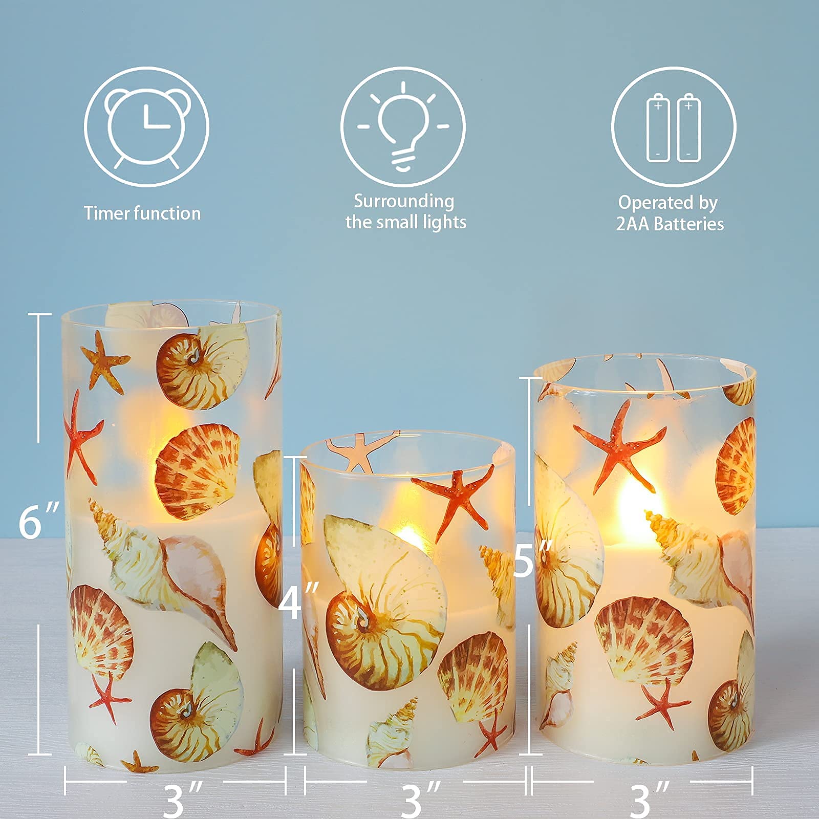 Remote Control LED Battery Operated Candles Set of 3 - Real Wax Ocean Decor with Shell & Starfish for Fireplace, Christmas, Bedroom, Nautical Theme Party & Home Decor | Flameless Safe Lighting for Romantic Ambiance