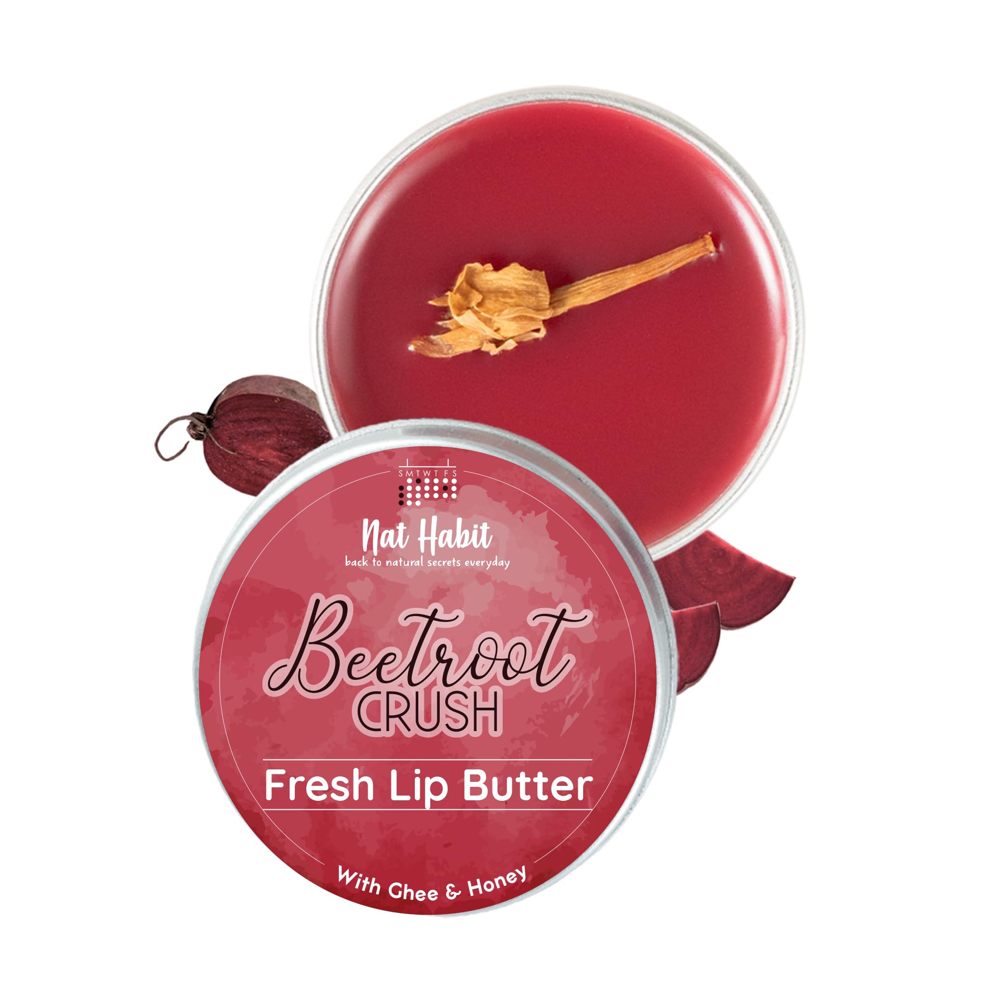 Nat Habit Fresh Beetroot Crush Lip Balm 10g - Natural Lip Butter with Desi Ghee & Raw Honey for Pink Lips, Nourishment, Dark & Chapped Lips Treatment - Pack of 1 - Perfect for Daily Hydration & Winter Lip Care