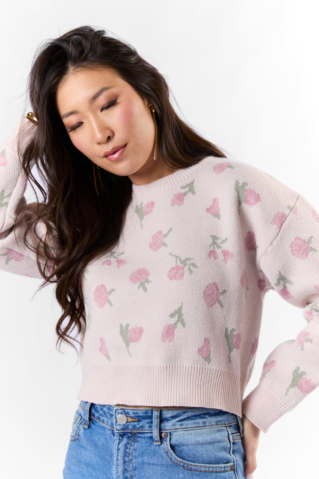 Grand Measures Light Pink Floral Knit Sweater for Women - Soft & Cozy Pullover - Perfect for Fall & Winter Outfits, Date Nights, and Casual Wear