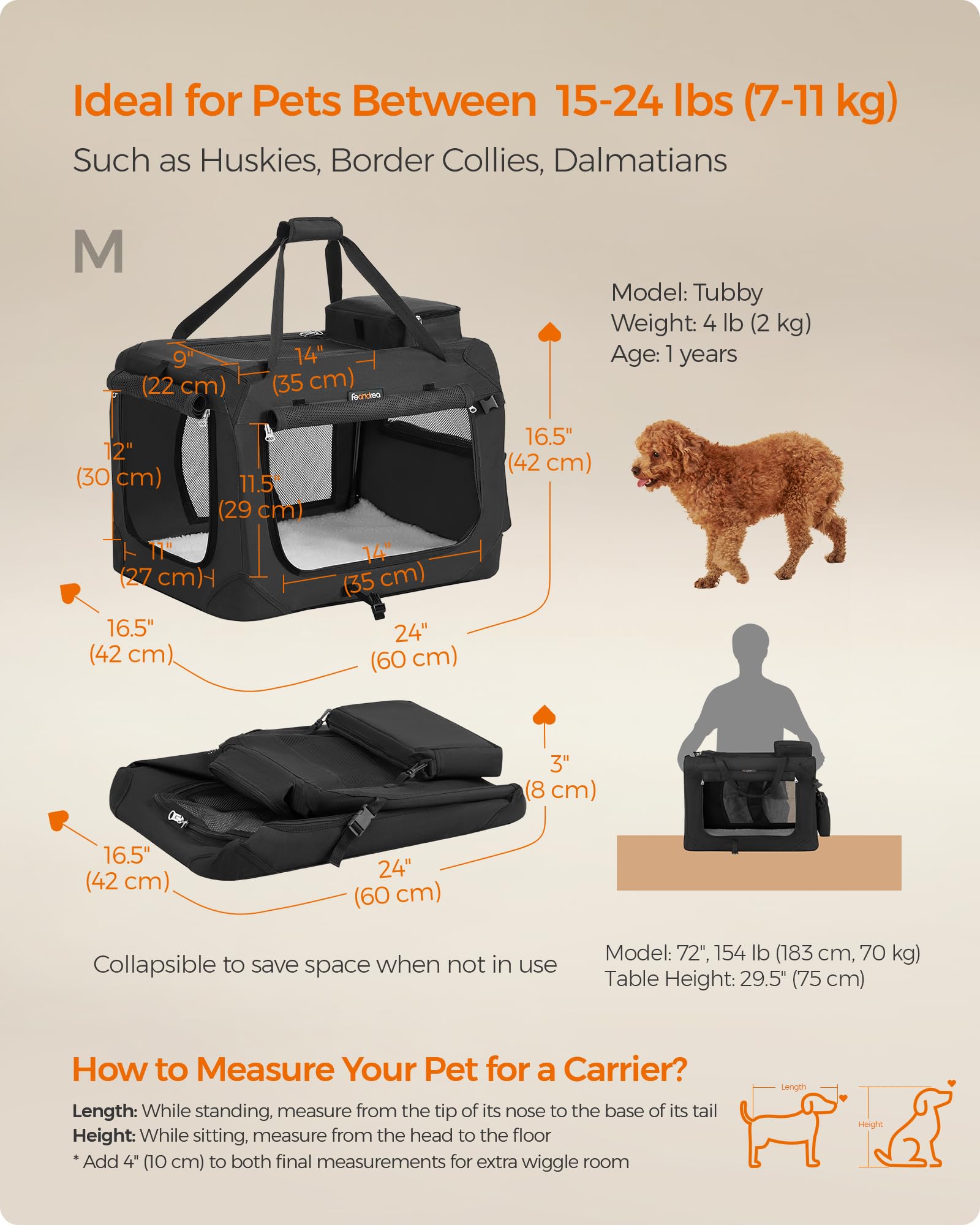 Feandrea 24 Inch Foldable Soft Dog Crate - Portable Pet Carrier for Small to Medium Dogs | Indoor & Outdoor Use with Safety Zippers | Perfect for Travel, Camping, Car Rides & Home Living Room (Black, UPDC60H)